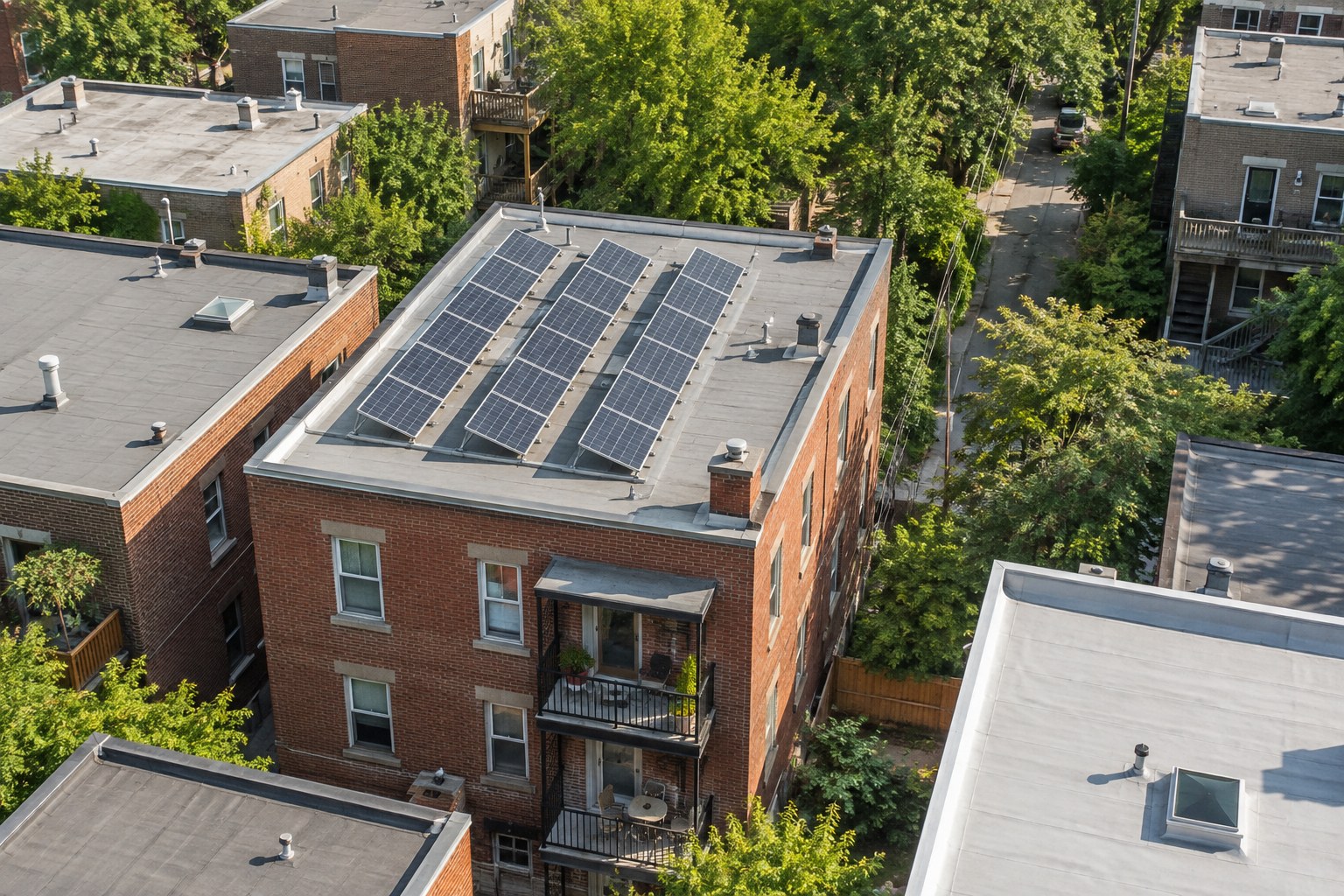 Vue de drone de rangées de panneaux solaires sur châssis inclinés, posées sur le toit plat d'un triplex montréalais en brique rouge.