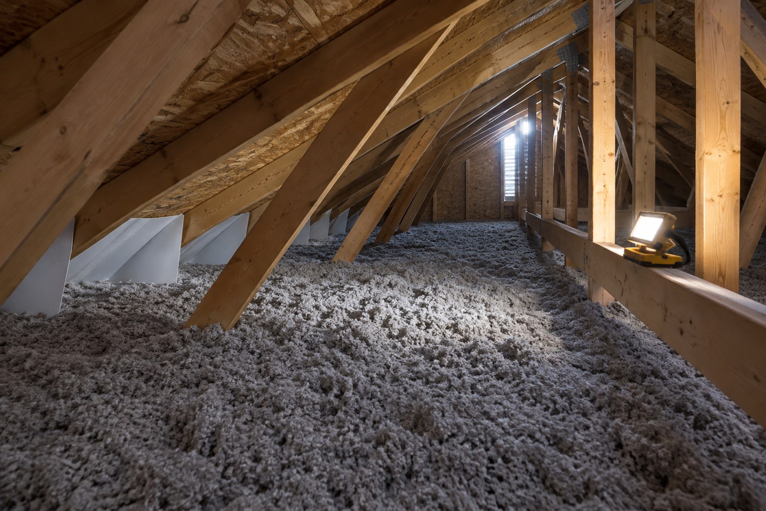 Intérieur d'un entretoit isolé à la cellulose, avec fermes de bois, déflecteurs blancs au bas des chevrons et lumière qui entre par un évent de pignon.