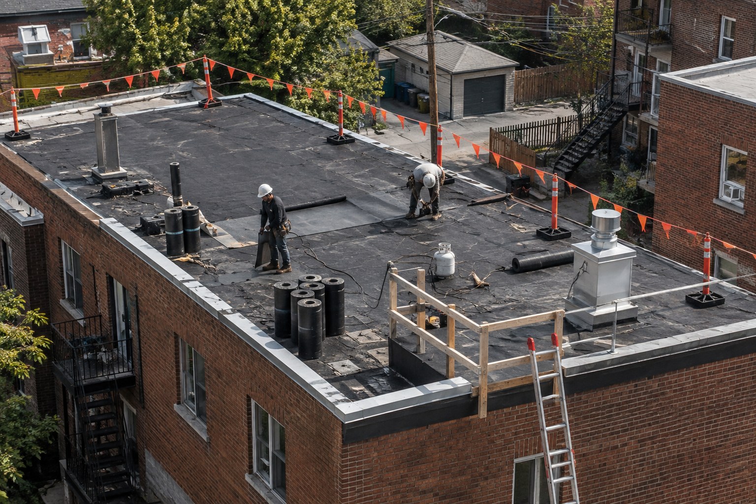 Toit plat d'un triplex en brique en réfection, ligne à fanions orange sur potelets, garde-corps de bois et échelle d'accès qui dépasse le bord.