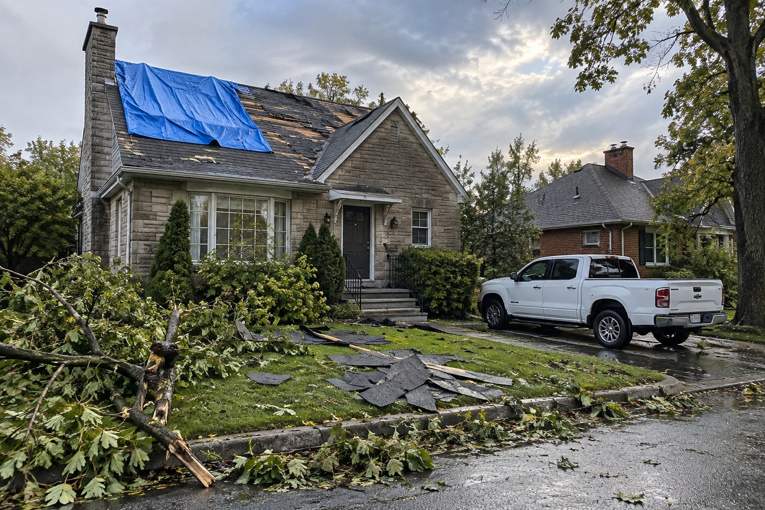 Lendemain d’orage devant un cottage : bardeaux arrachés sur la pelouse, bâche bleue sur le versant et branches tombées.