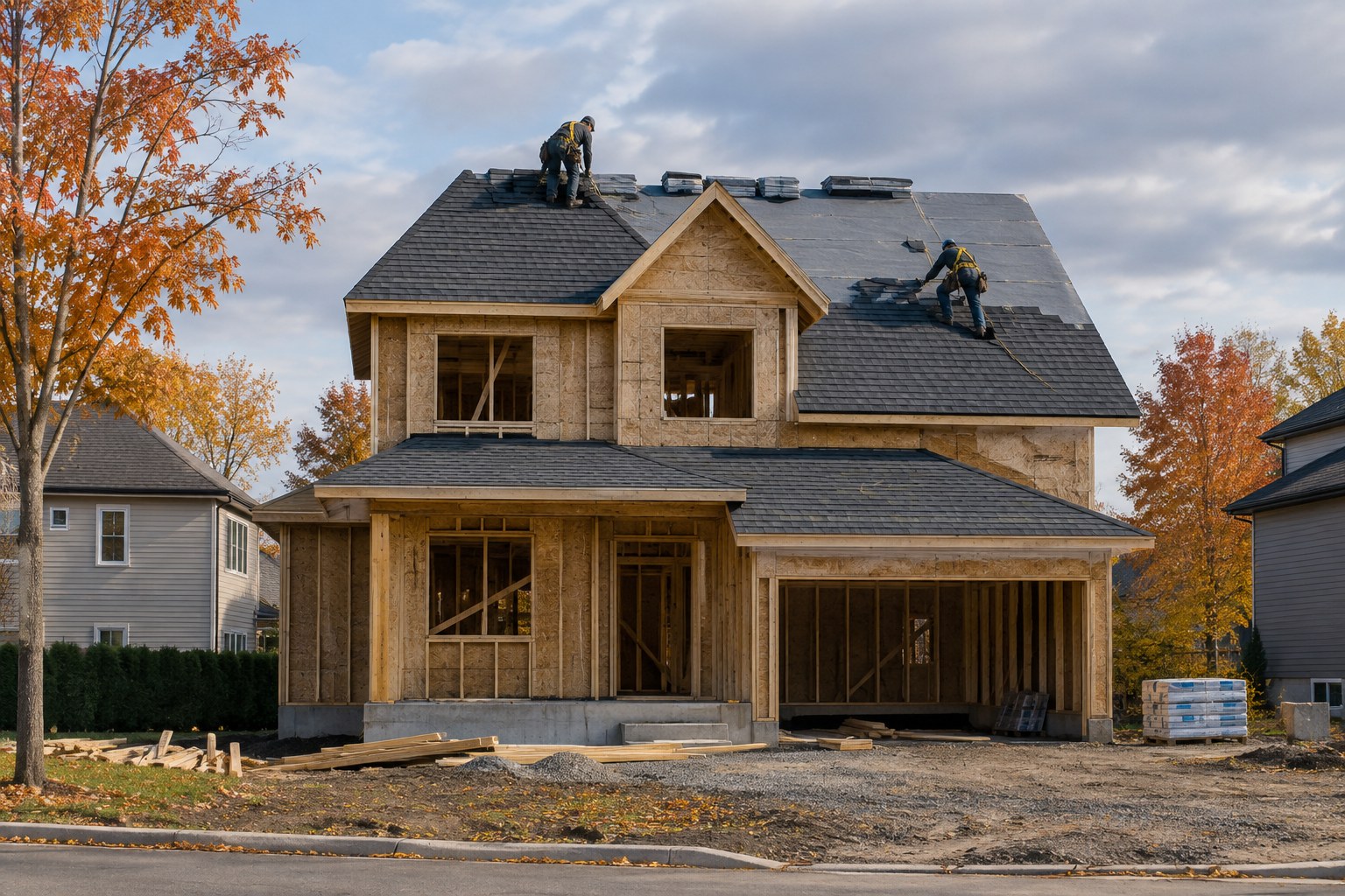 Maison neuve en construction en banlieue québécoise : deux couvreurs harnachés posent des bardeaux sur la sous-couche à l’automne.