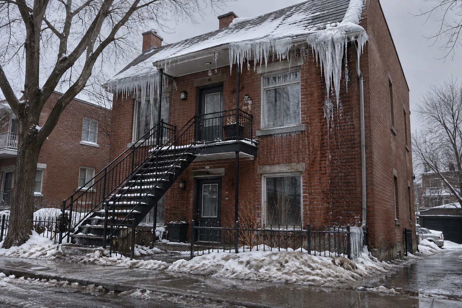 Duplex montréalais en brique à la fin de l’hiver : gros glaçons au rebord du toit, gouttière pleine de glace et ruissellement sur la façade.