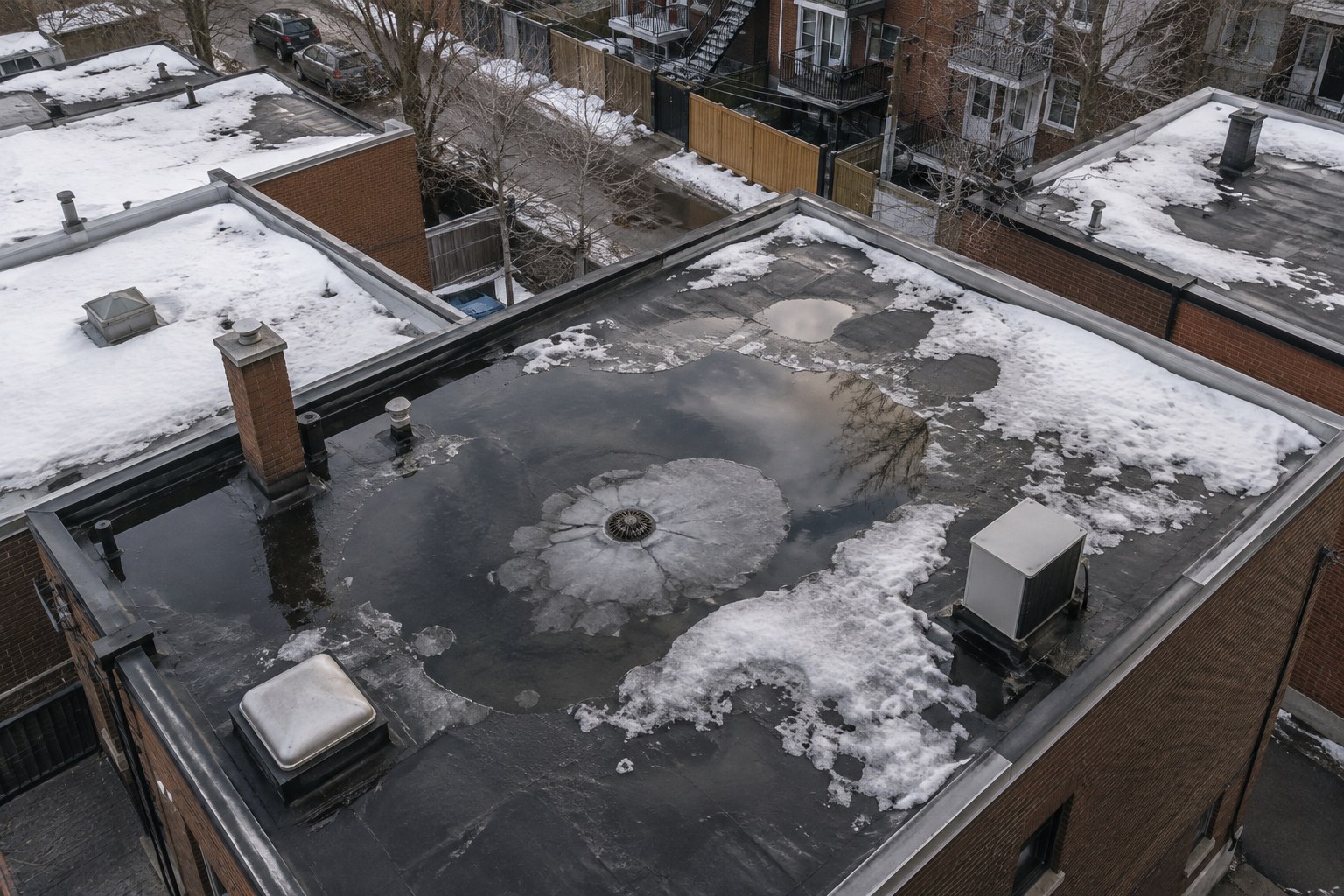 Toit plat d’un plex vu du ciel au printemps : bassin d’eau et plaque de glace autour du drain central, neige à moitié fondue.