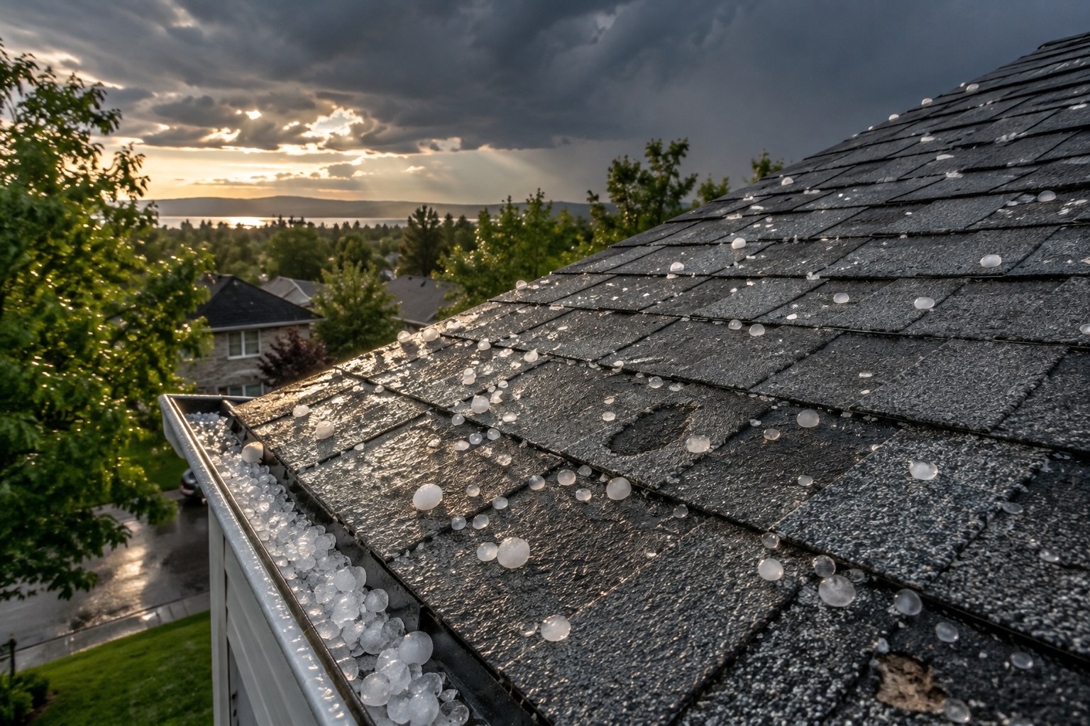 Grêlons éparpillés sur une toiture en bardeaux d’asphalte et dans la gouttière, juste après un orage d’été.