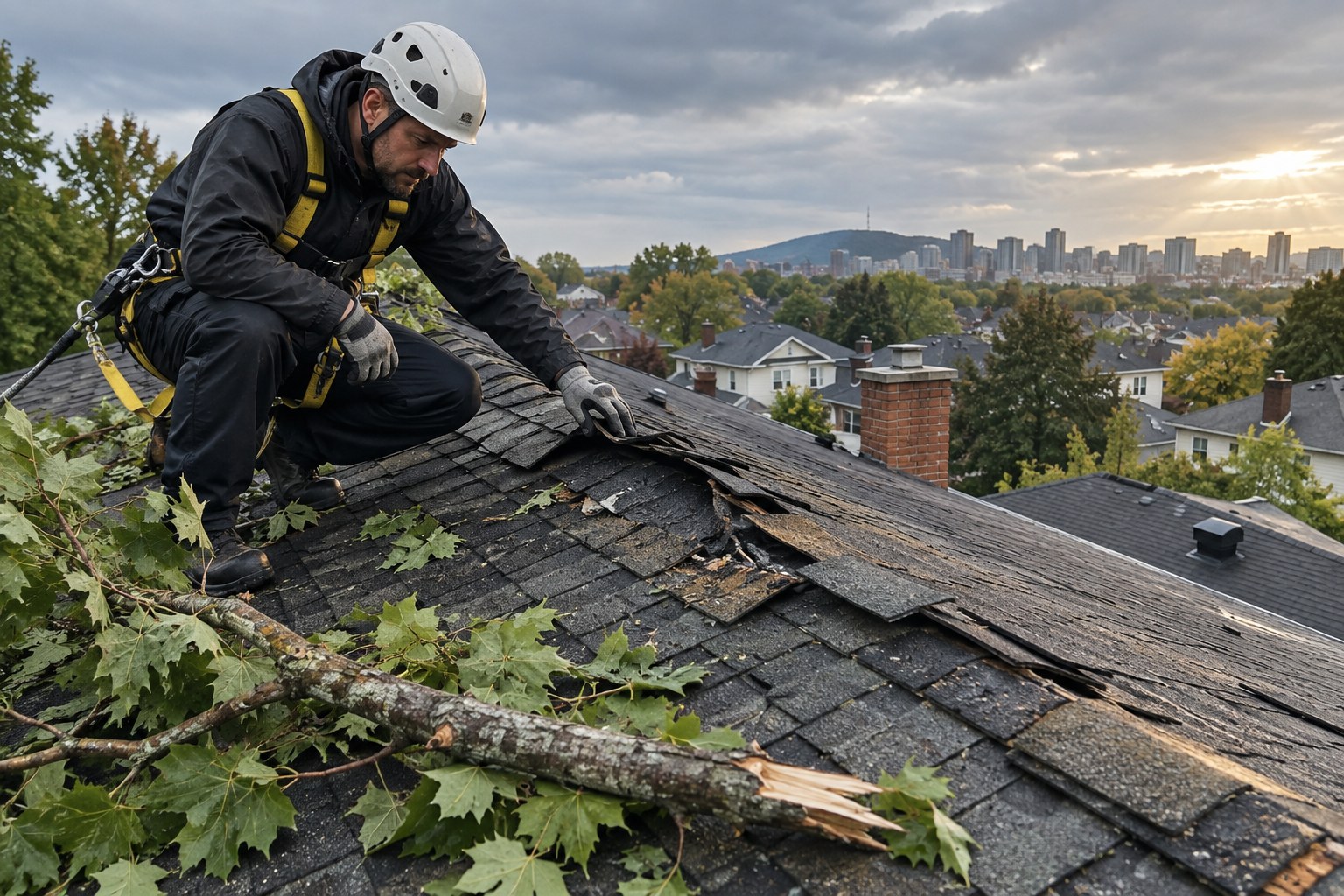 Couvreur harnaché qui examine une rangée de bardeaux soulevés par le vent, à côté d’une branche d’érable cassée.