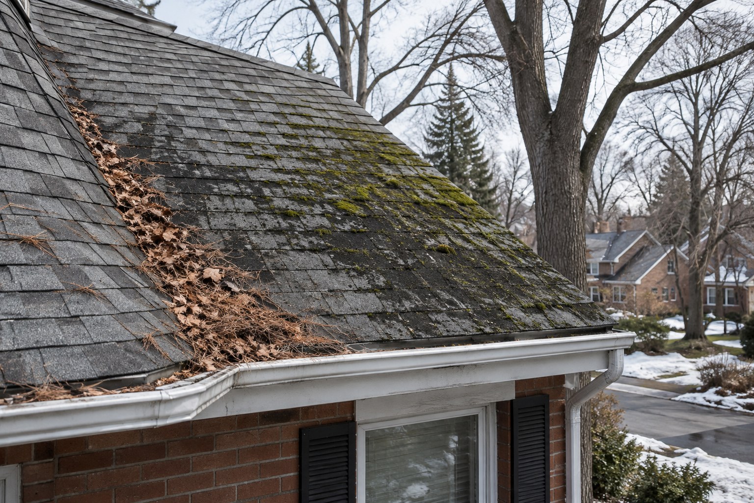 Versant de bardeaux gris d’un cottage en brique au sortir de l’hiver, couvert de mousse verte et de traînées sombres, avec des feuilles mortes accumulées dans la noue.