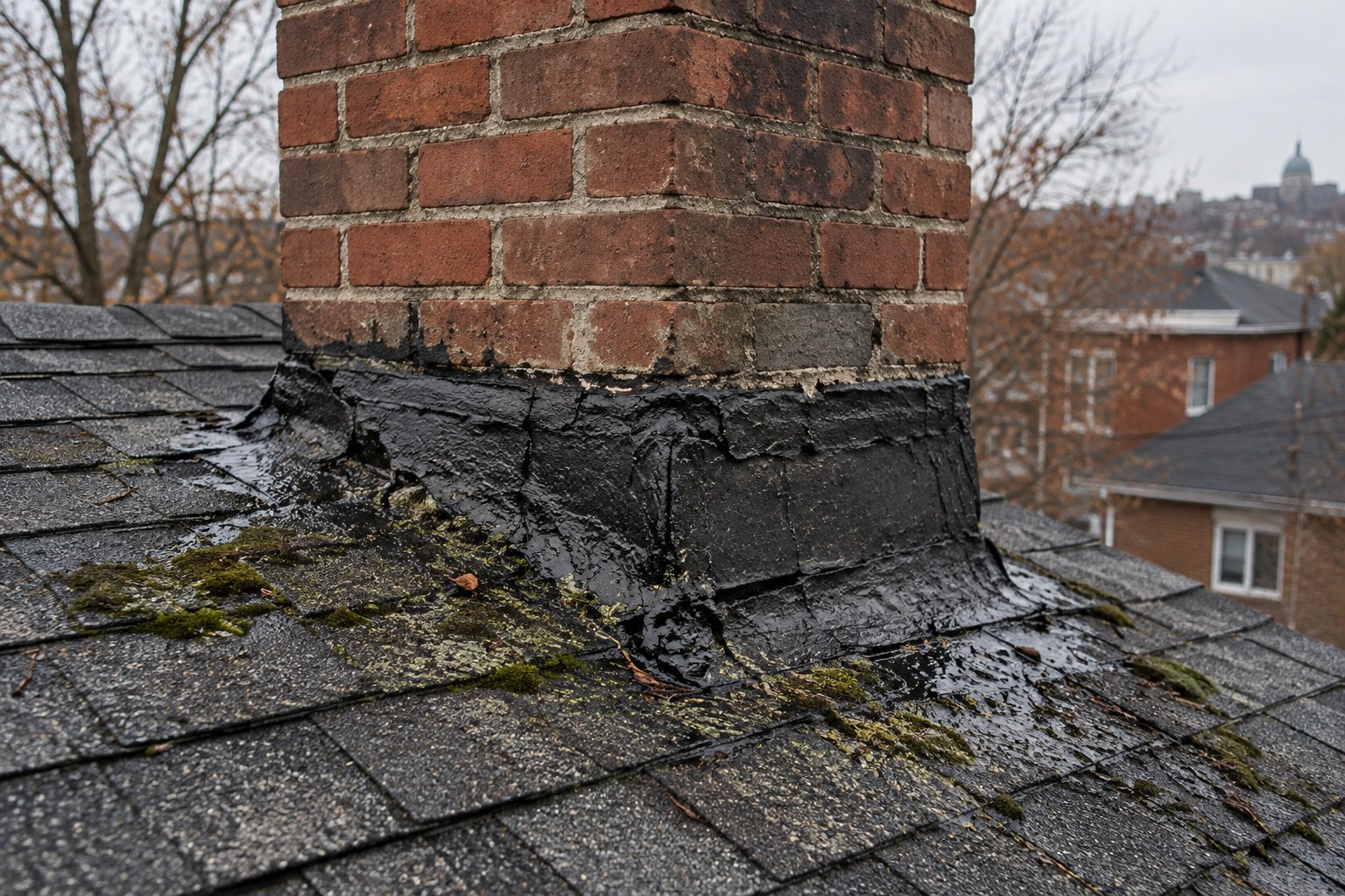 Base d’une cheminée en brique dont le solin est enseveli sous une couche de goudron noir craquelé, avec de la mousse sur les bardeaux autour.