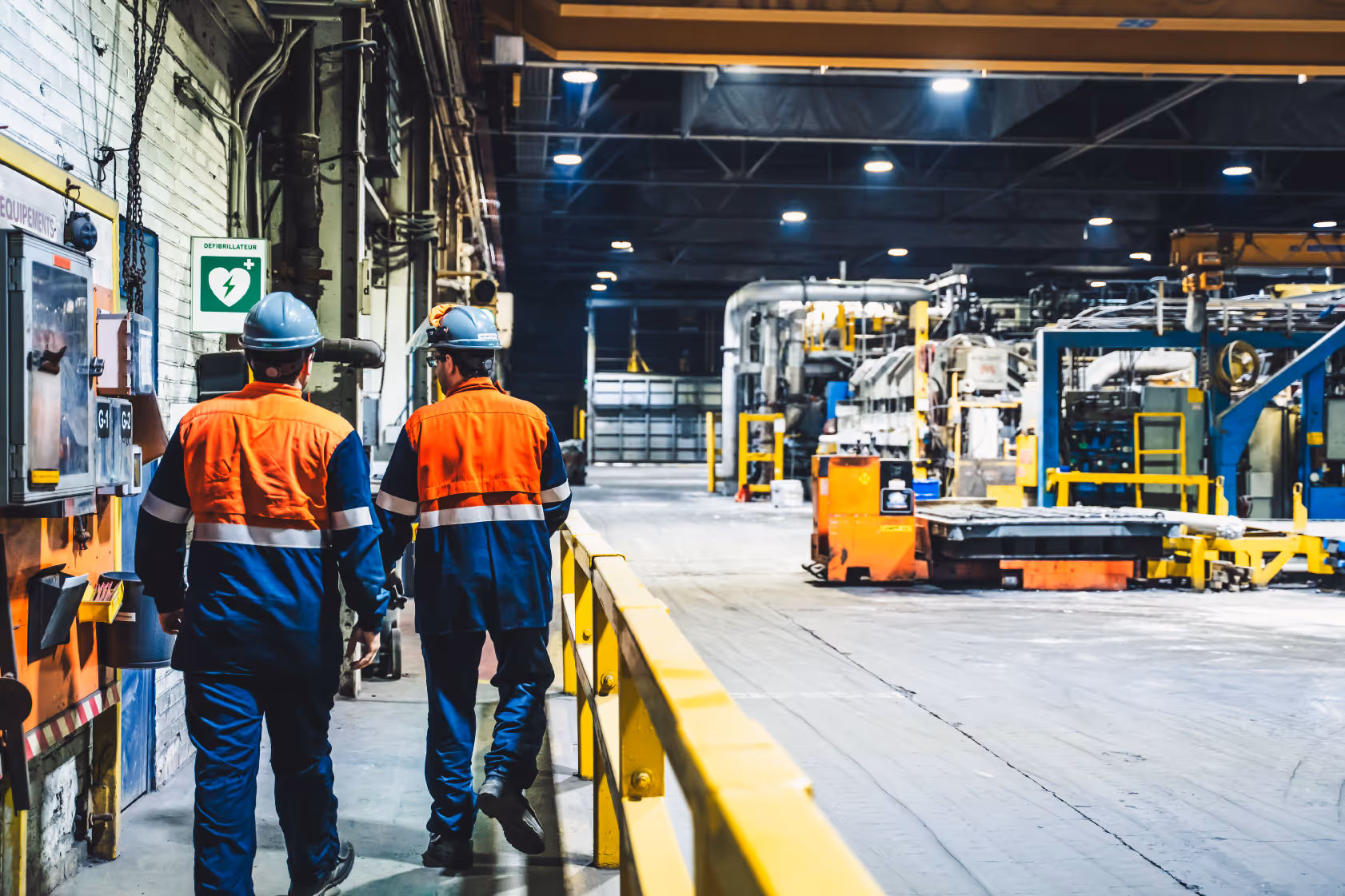 Two factory workers wearing orange and navy safety uniforms and helmets walk inside an industrial manufacturing facility.