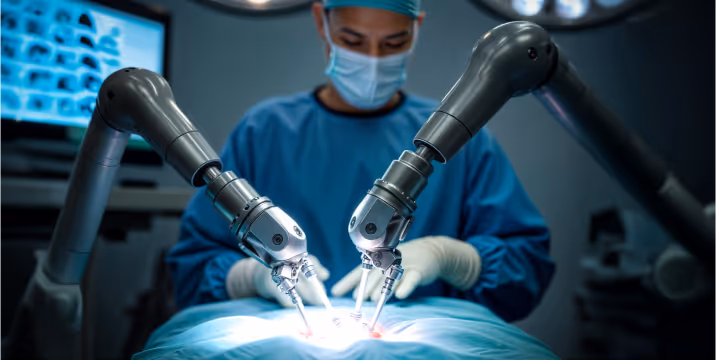A photo of a surgeon performing a surgery with the aid of robotic arms