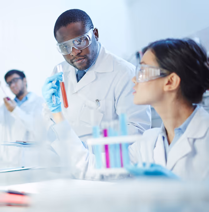 A male clinical researcher looking at samples in test tubes