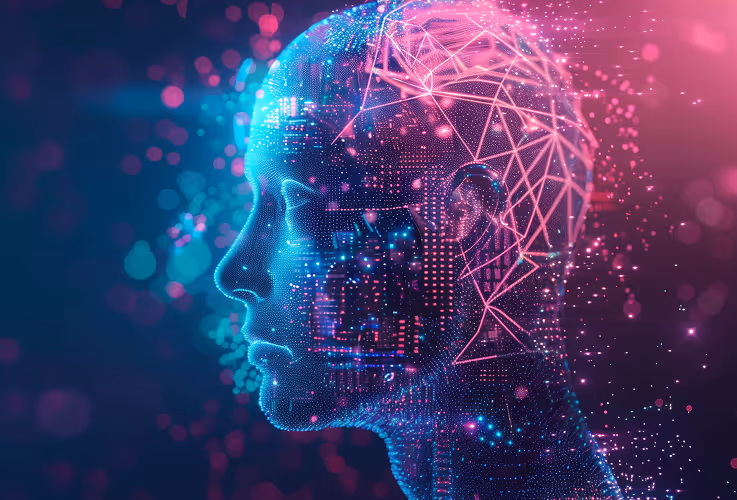 Digital illustration of a 3d model of a person with futuristic digital graphics