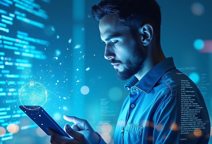 A photograph of a person looking at a phone with digital elements in the background and foreground