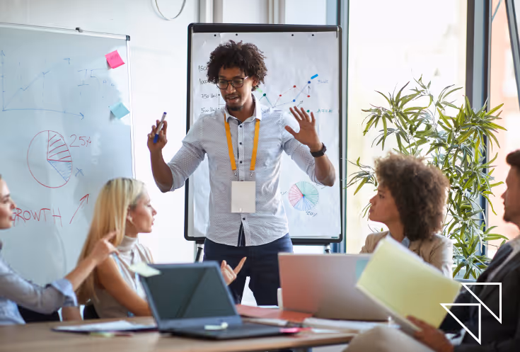 A photo of a meeting with a person explaining and presenting on a whiteboard