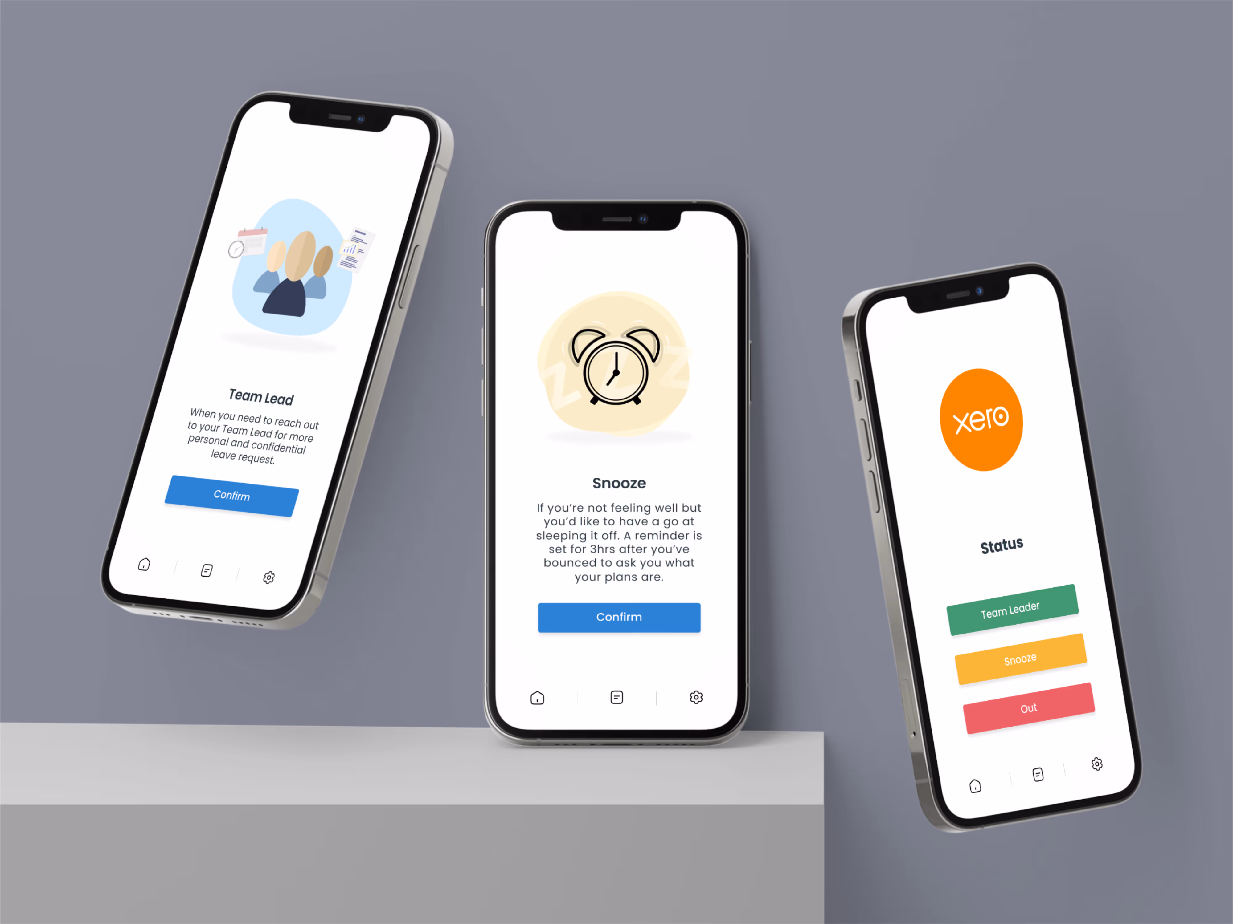Three smartphones displaying a team leave request app with screens for Team Lead confirmation, Snooze option, and status selection with Team Leader, Snooze, and Out buttons.