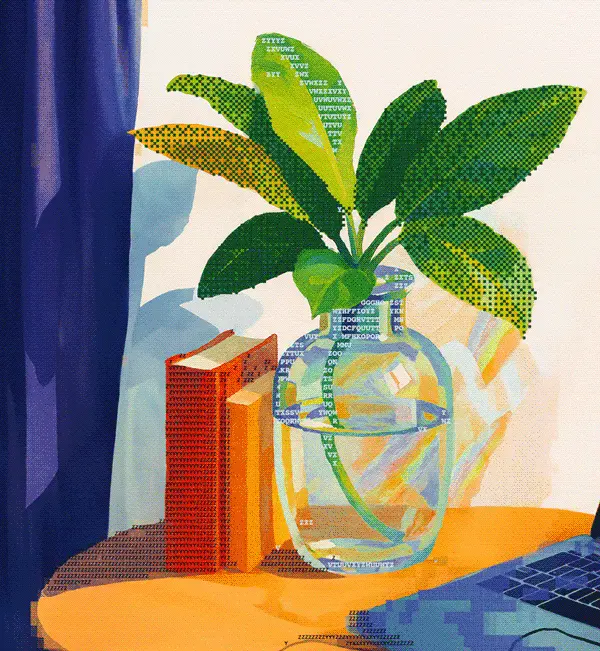 An illustration of books, a plant, and a laptop on a table.