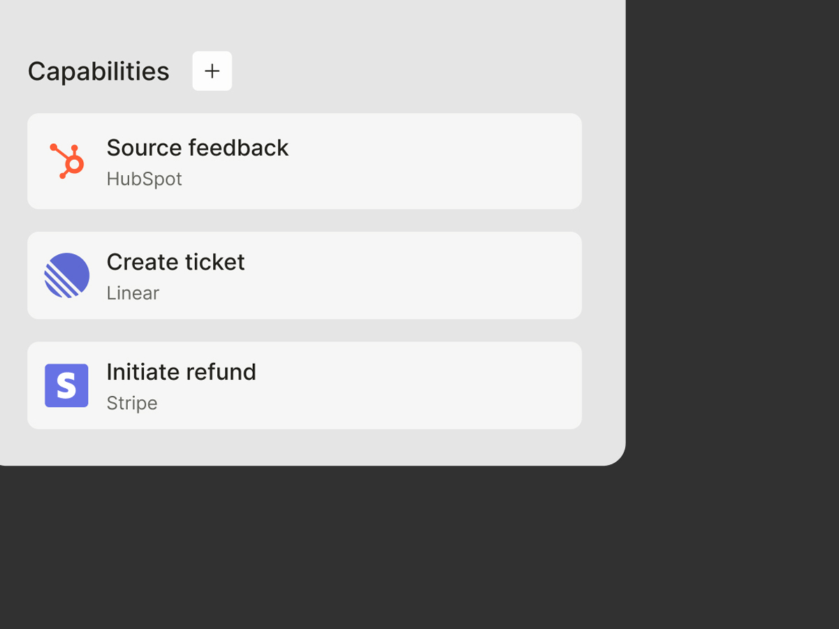 The UI of Botpress integration, showcasing the bot connected to HubSpot, Linear, and Stripe