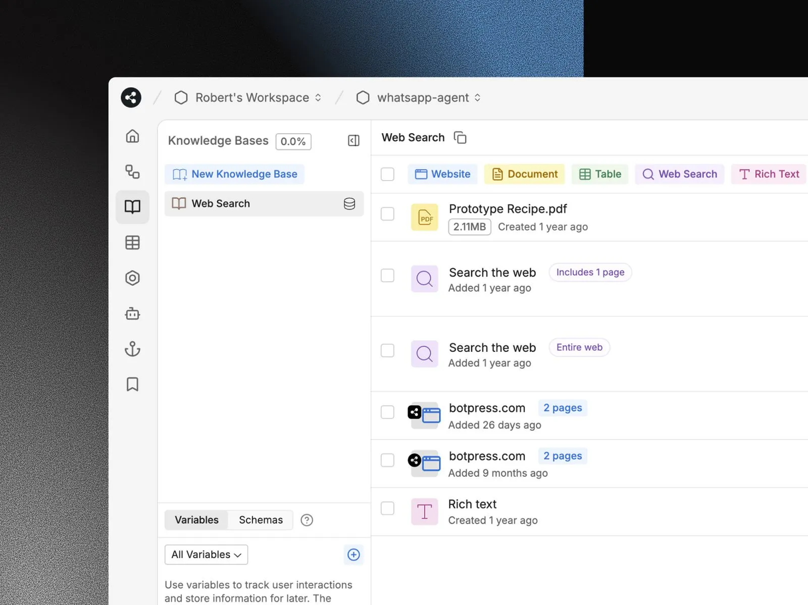 UI of knowledge base in Botpress Studio 