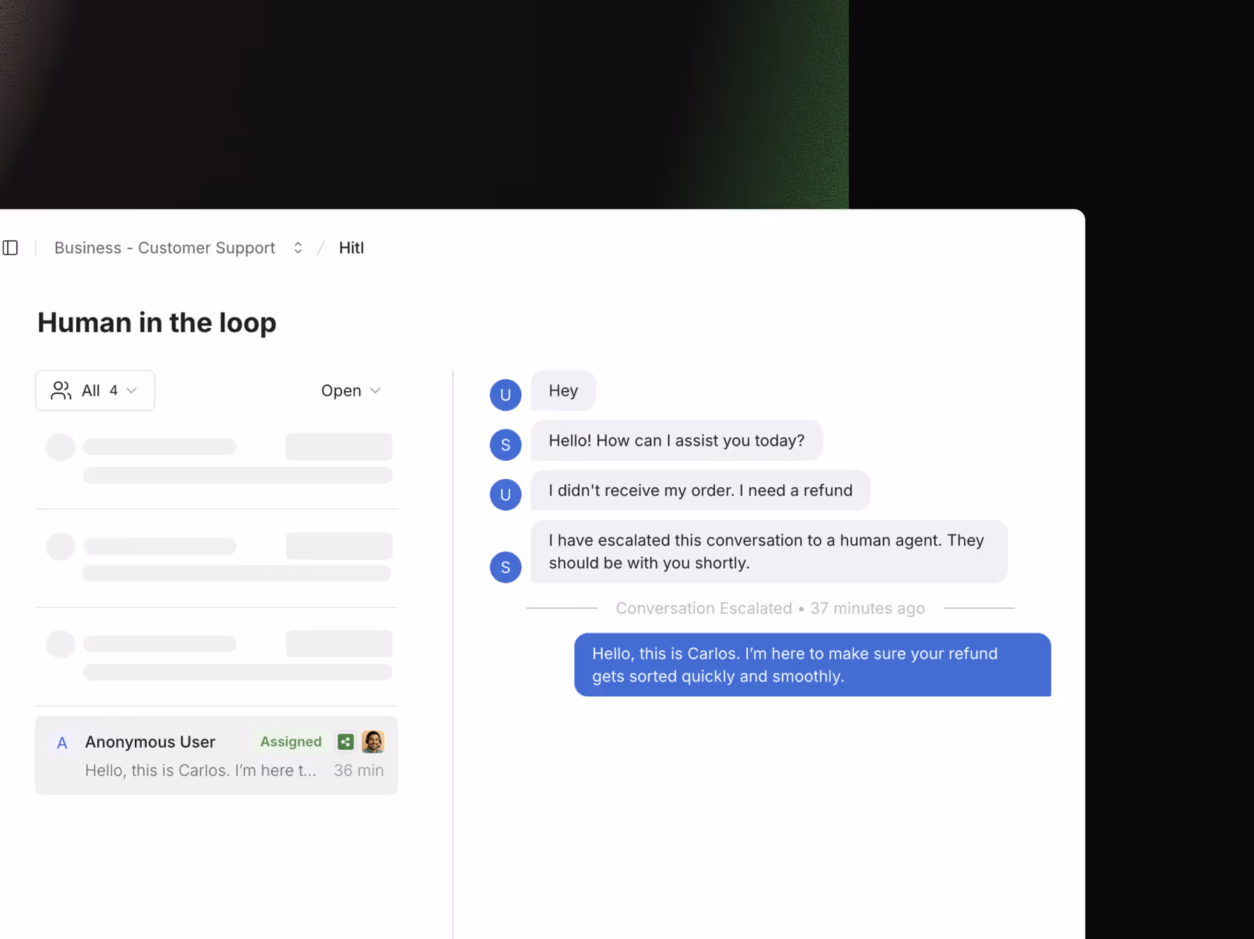 The interface of real-time take over in Botpress Human Handoff