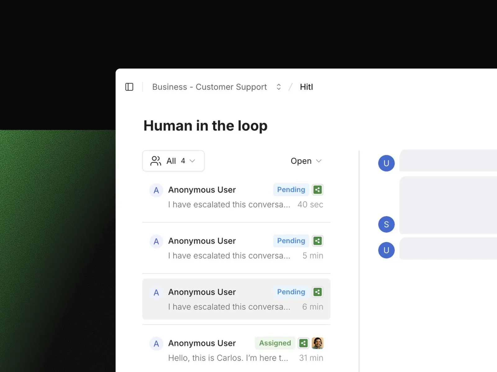 The interface of centralized inbox in Botpress Human Handoff