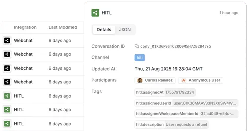 The interface of list of all interactions in Botpress Human Handoff