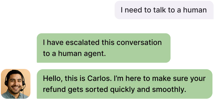 The example conversation of seamless human handoff