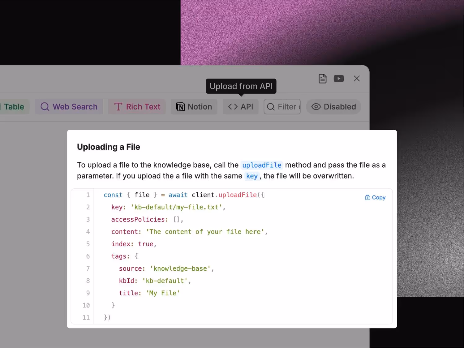 The interface of API access in Botpress Knowledge Bases