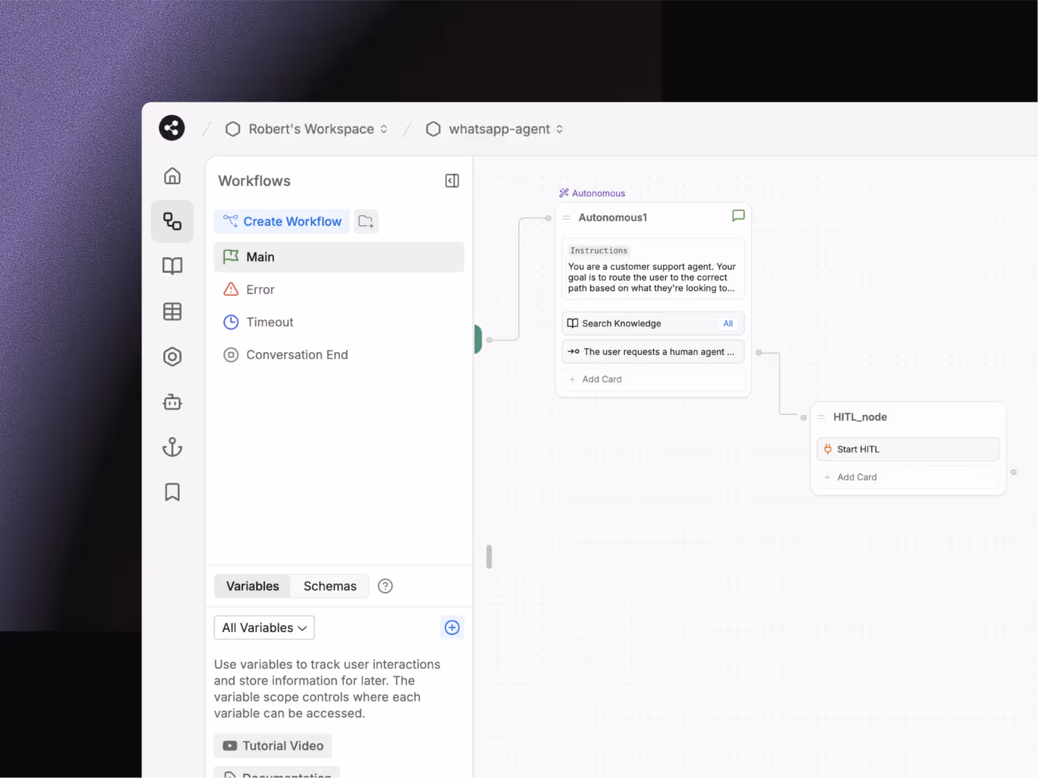 The interface of editing transition logic Botpress Autonomous Node
