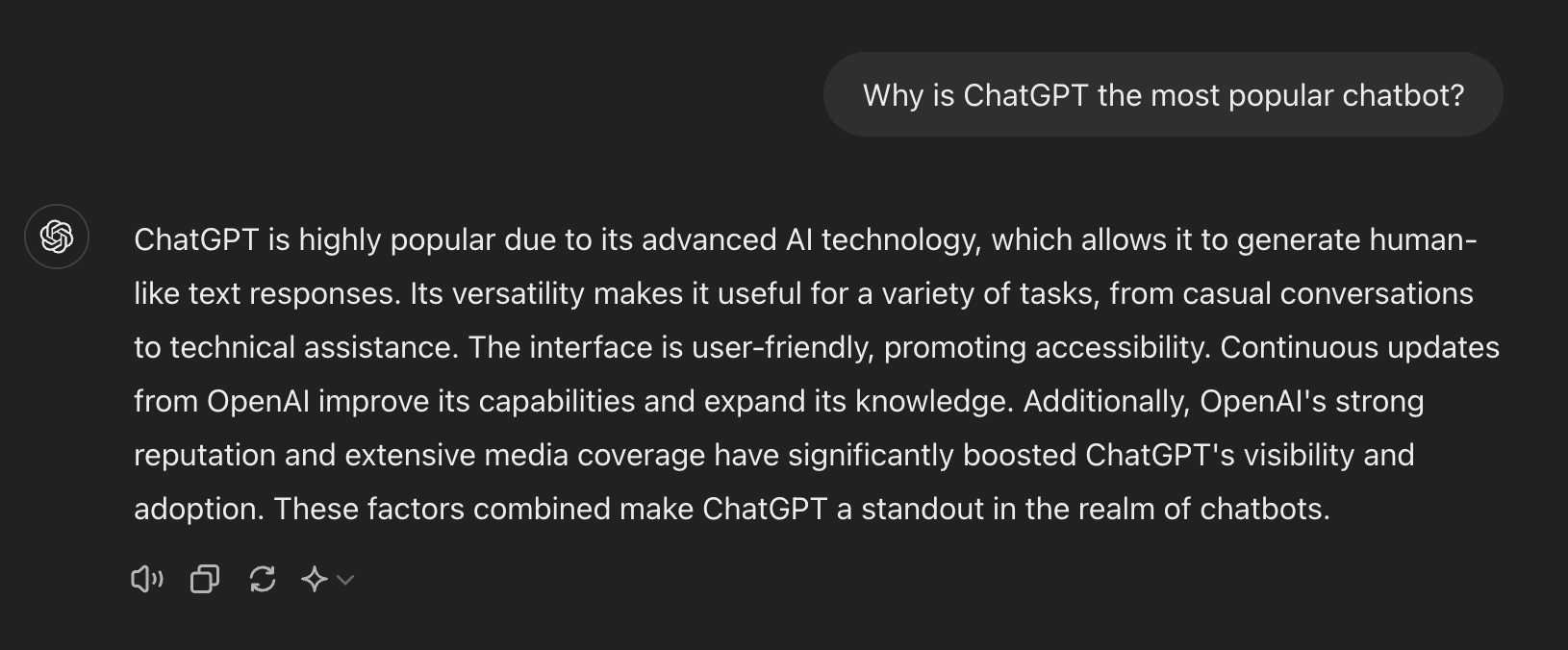 A ChatGPT screenshot of the question 'Why is ChatGPT the most popular chatbot?'