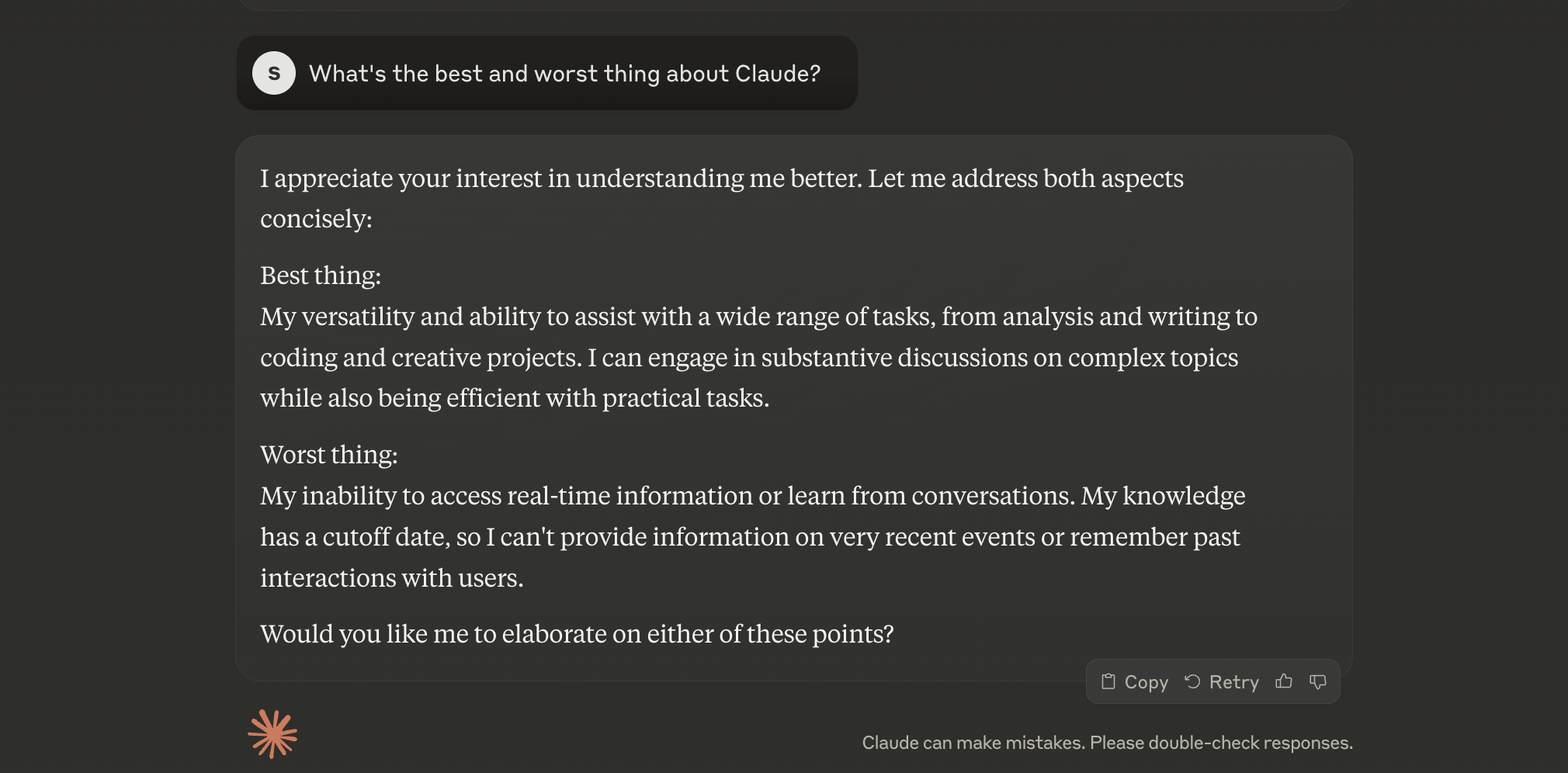 A grey Claude screenshot of it listing the best and worst aspect of its engine: its versatility and inablity to access real-time information.