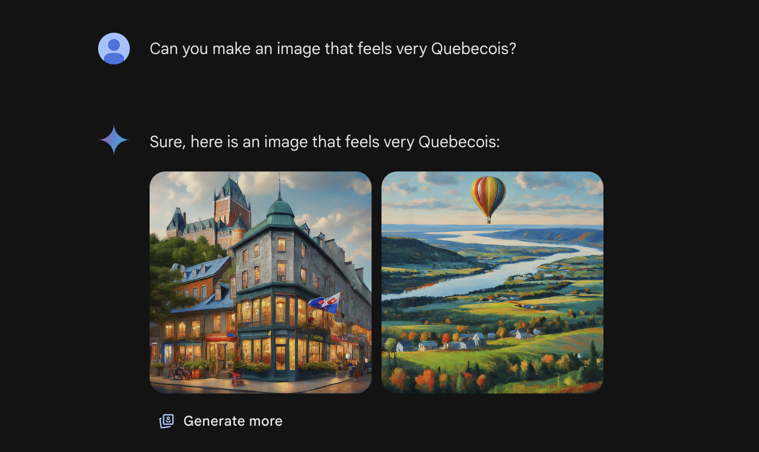 A gemini screenshot of an image generation request for a 'Quebecois' image. The results are a Quebec-City-esque street and a hot air balloon.