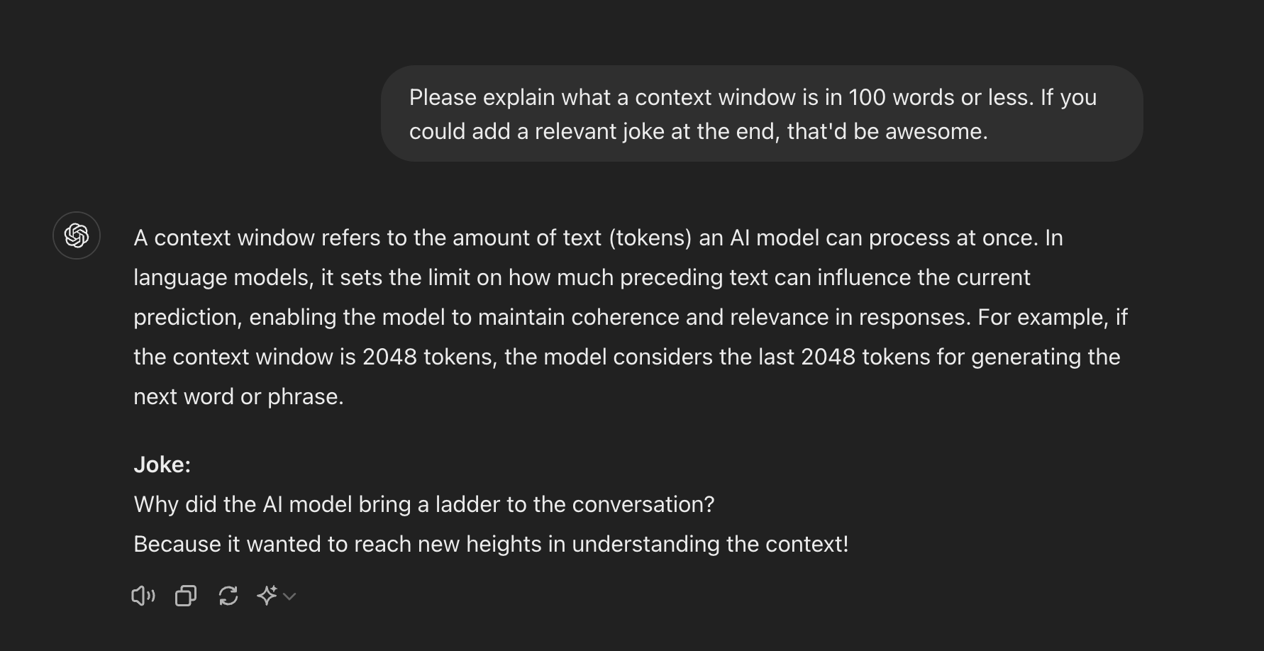 A ChatGPT screenshot of an explanation of context windows.