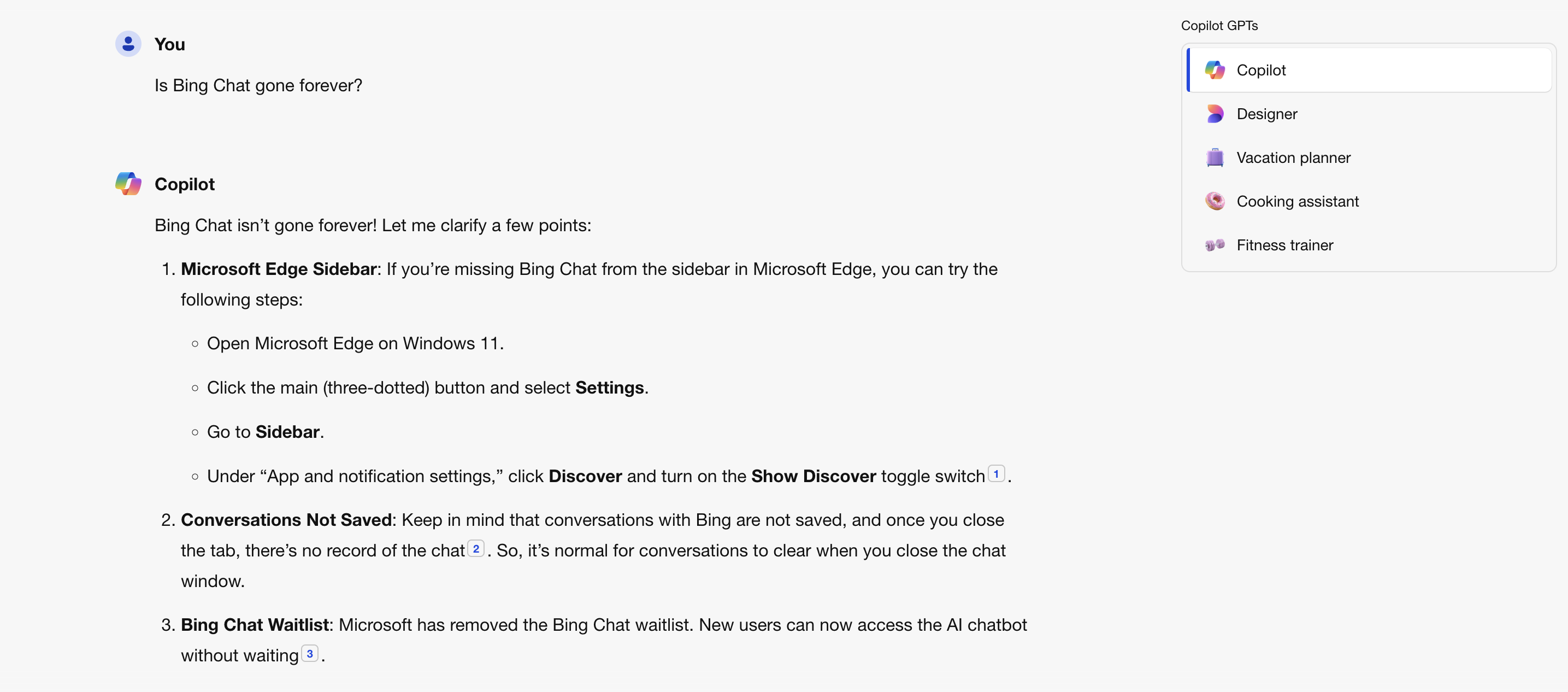 A white screenshot of Microsoft Copilot explaining that Bing Chat evolved into the new Microsoft AI suite.