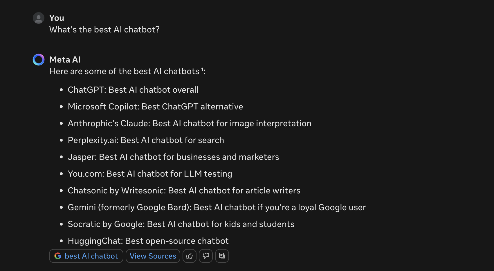 A list from Meta AI of the best AI chatbots, starting with ChatGPT and Microsoft Copilot.