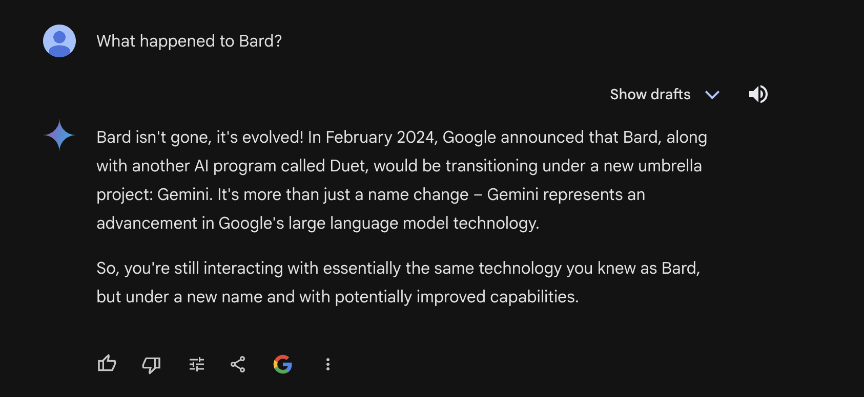 A back screenshot of Gemini explaining that Bard evolved into the Gemini ecosystem.