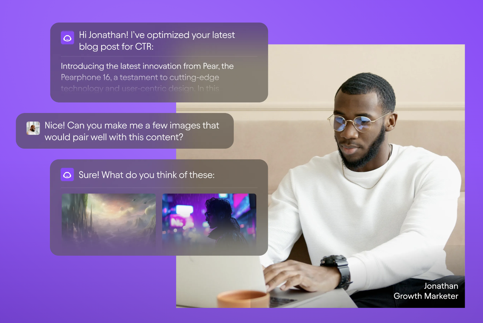 A purple screenshot of a user and back-and-forth text bubbles with the AI chatbot, asking for image generation..
