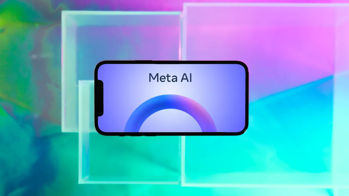 A purple phone screen reads 'Meta AI' in front of a background with magenta and teal watercolors.