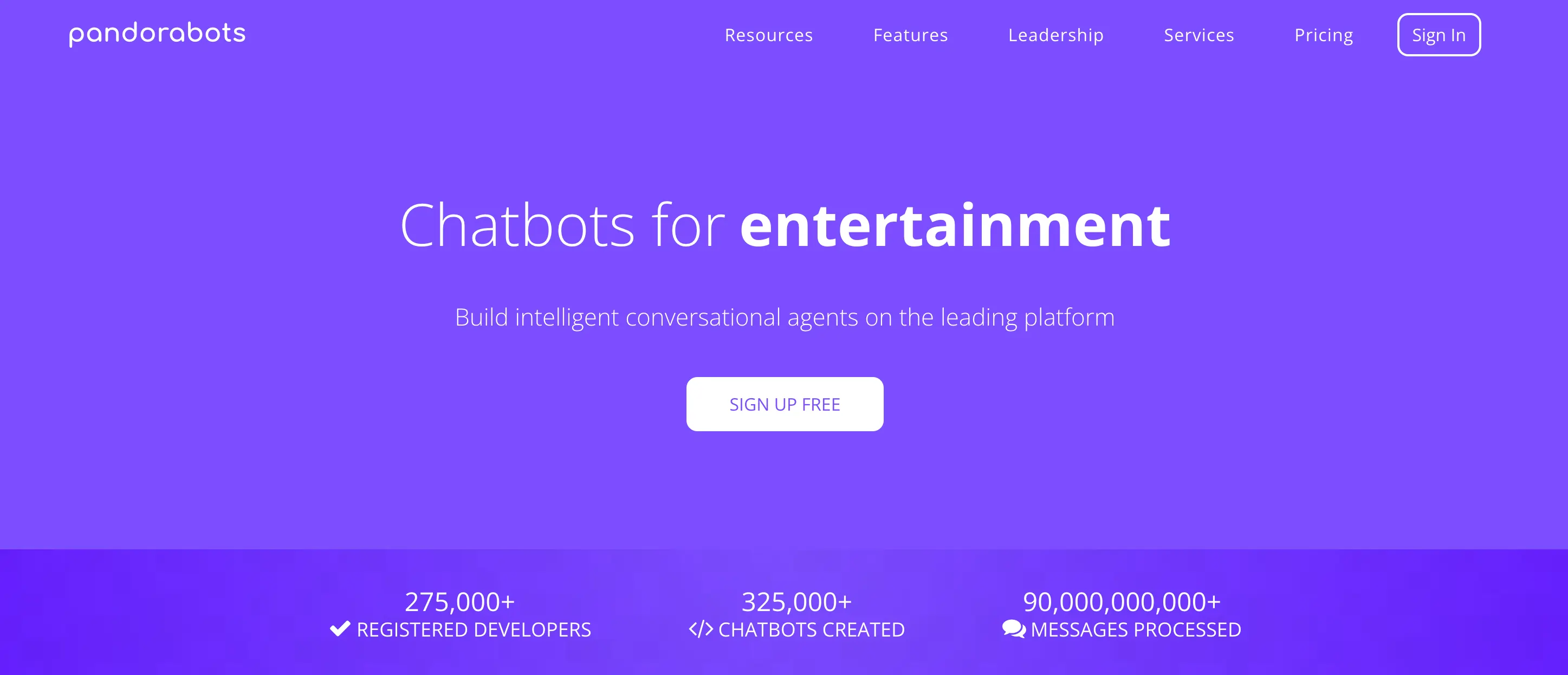 A screenshot of the purple Pandorabots homepage.