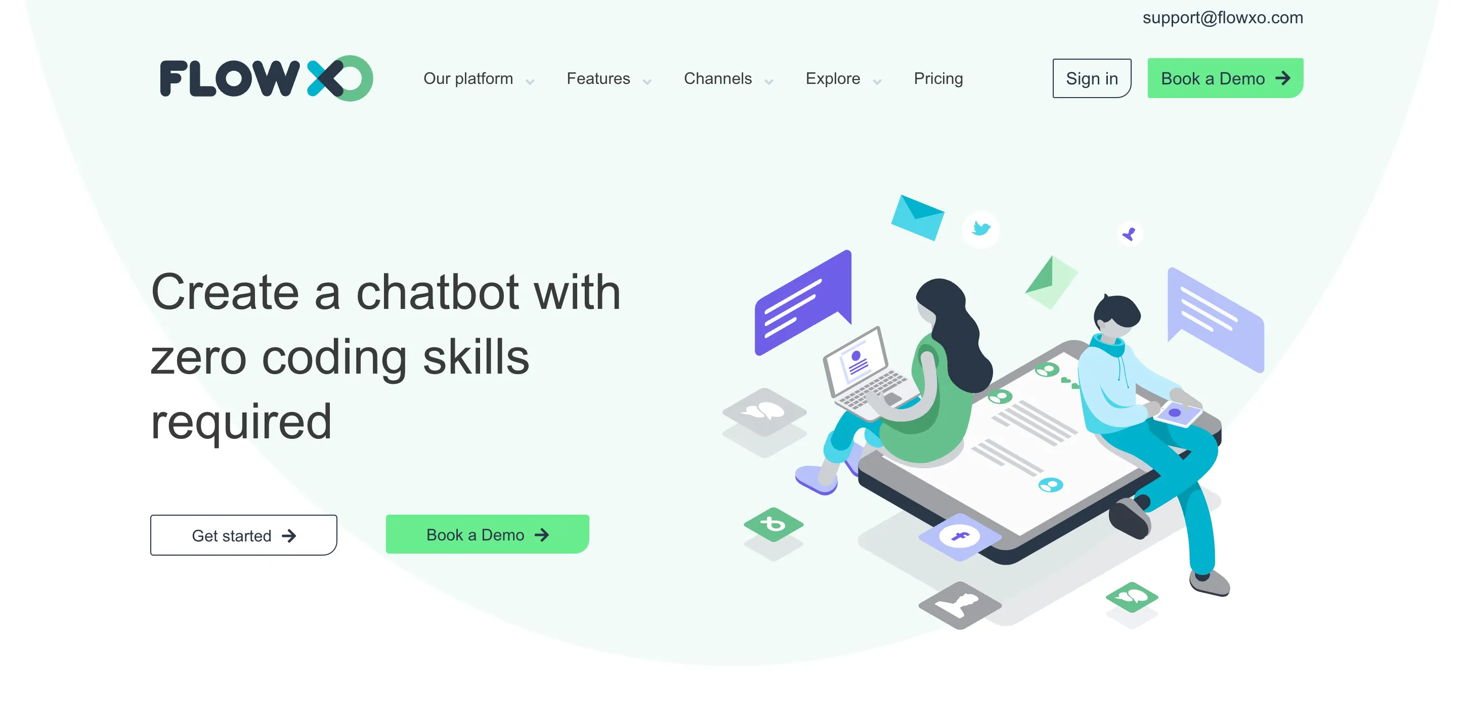 A screenshot of the white Flow XO homepage.