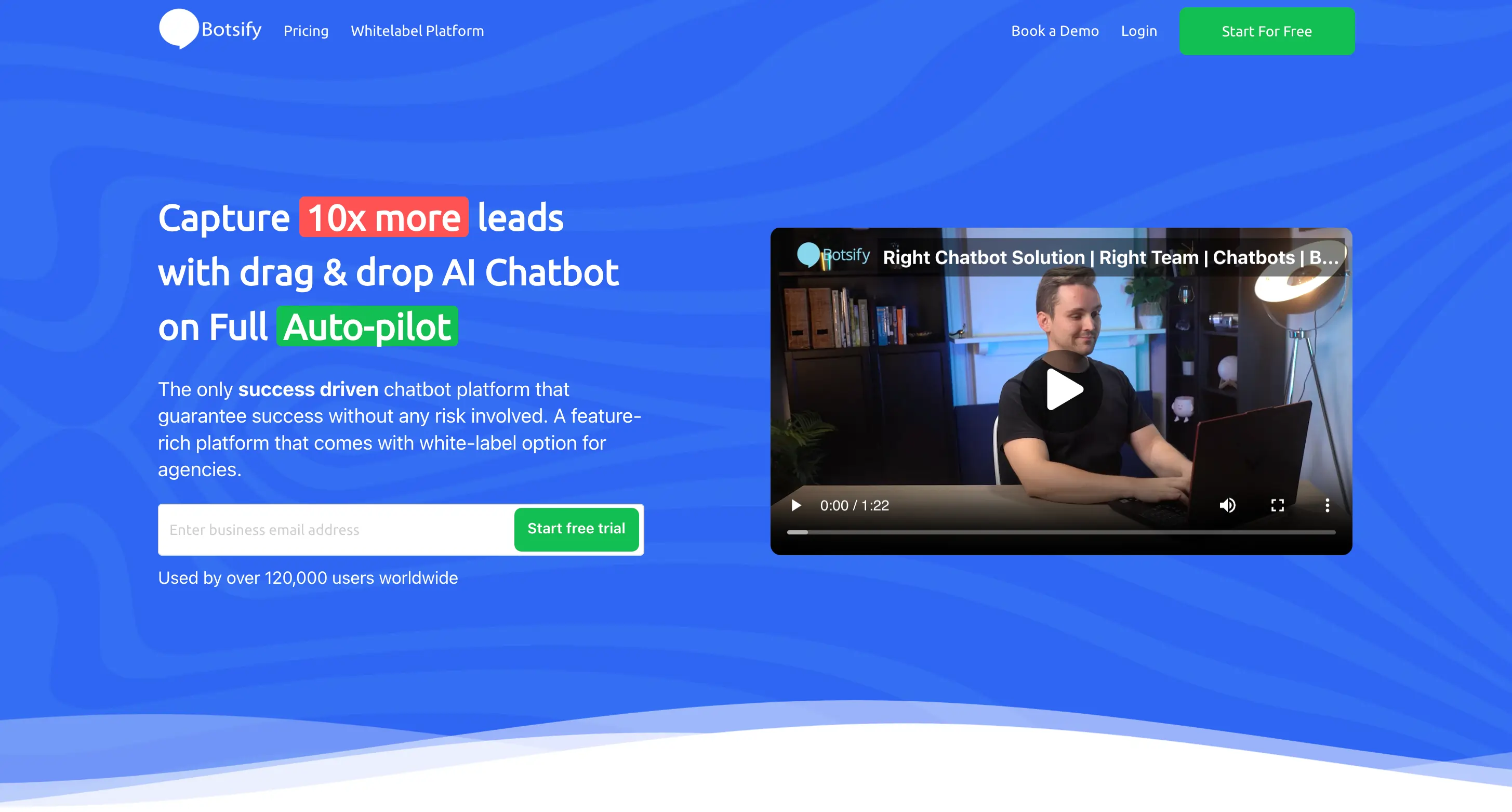 A screenshot of the blue Botsify homepage.