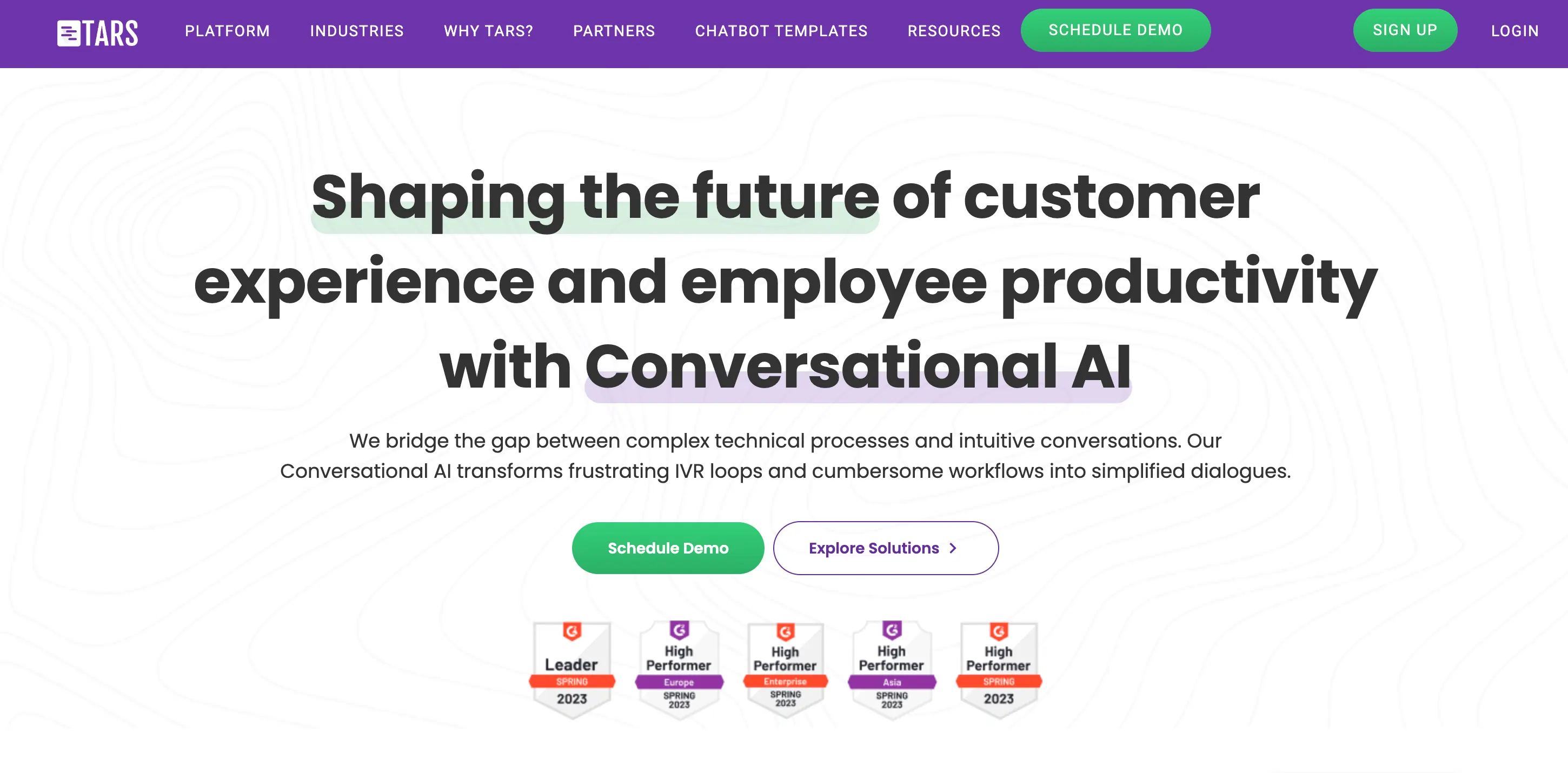 A screenshot of the white TARS homepage.