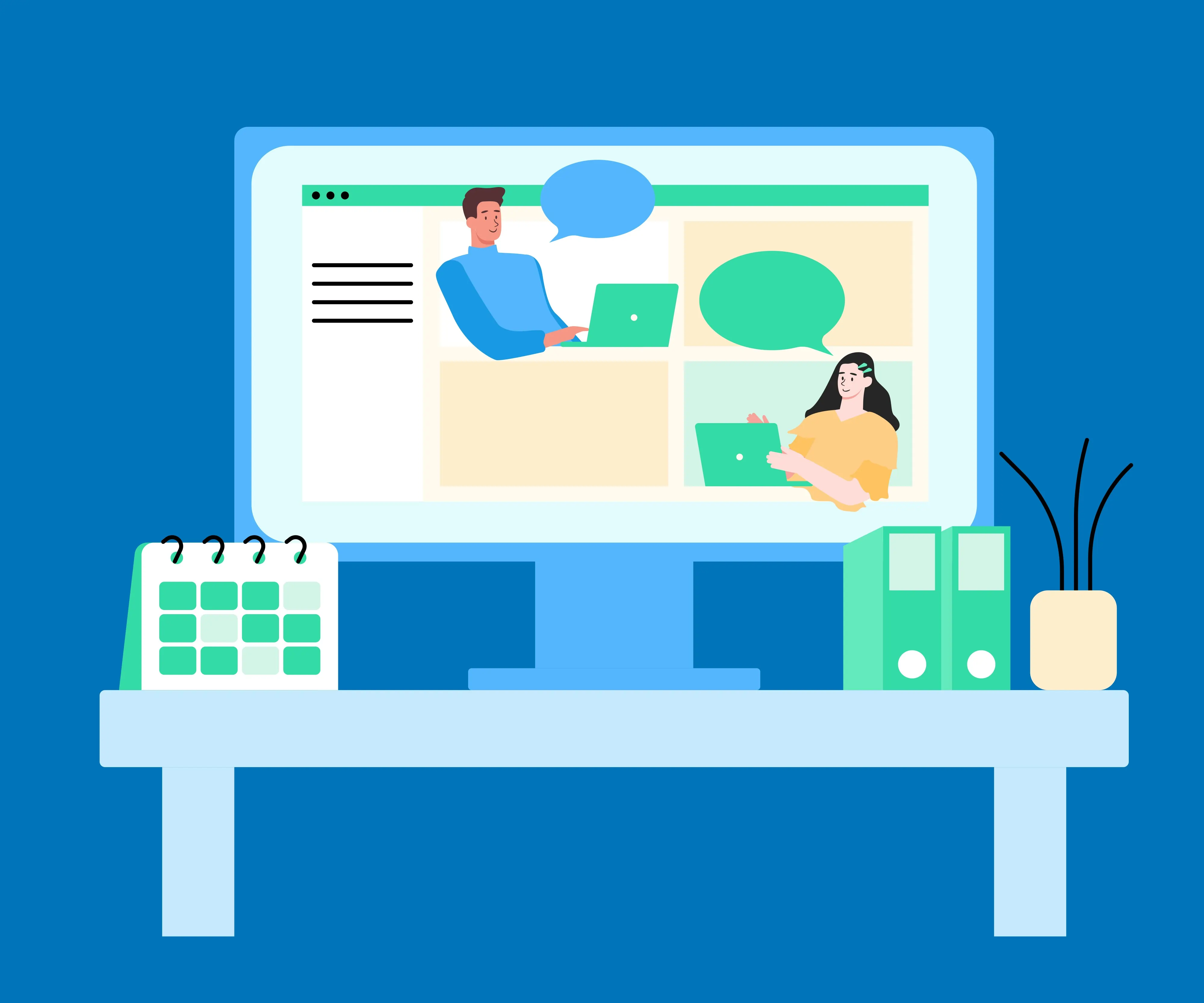 An illustration of two people exchanging speech bubbles within a computer screen.i