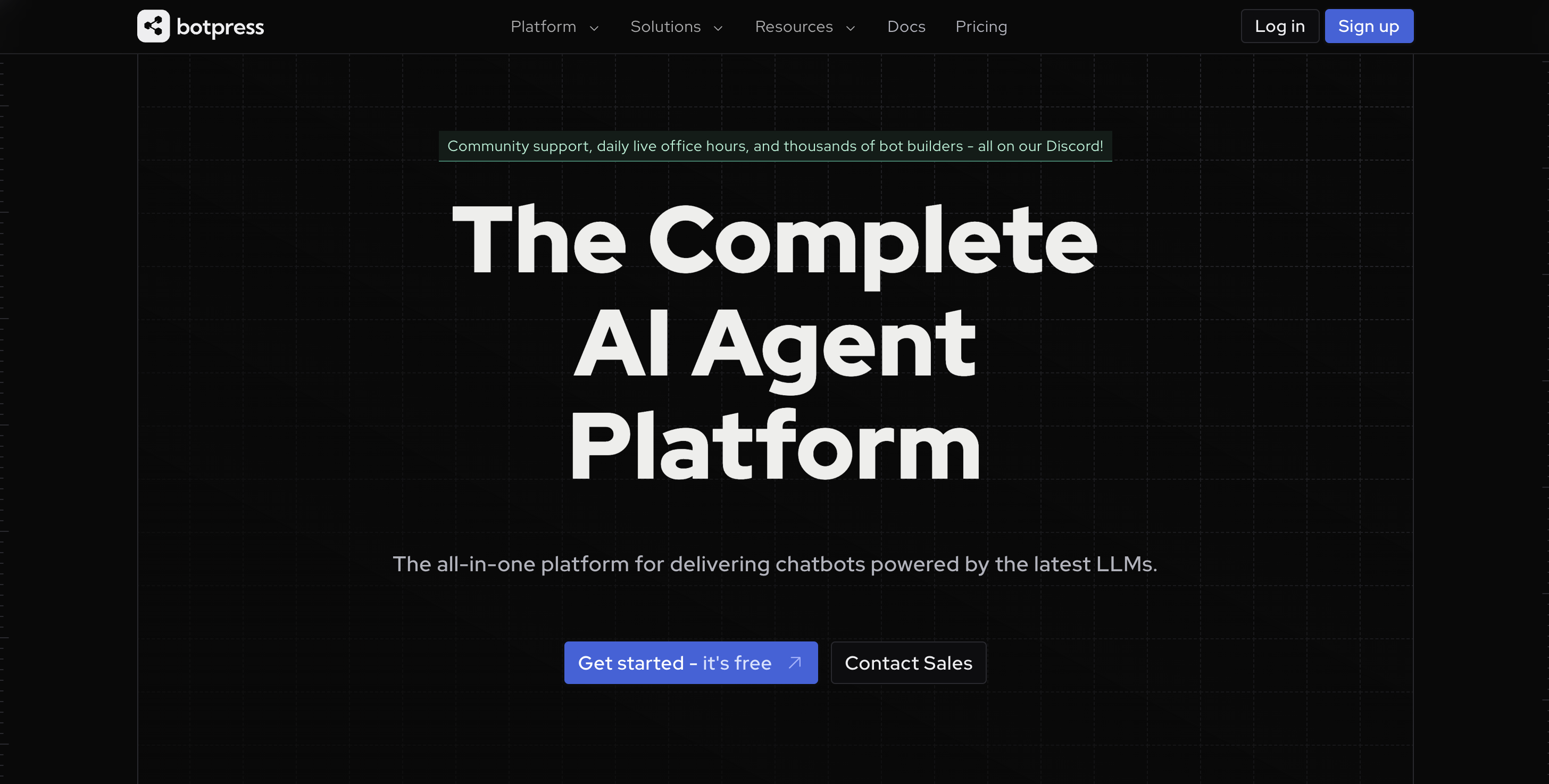 The black Botpress home screen reads 'the complete AI agent platform'.