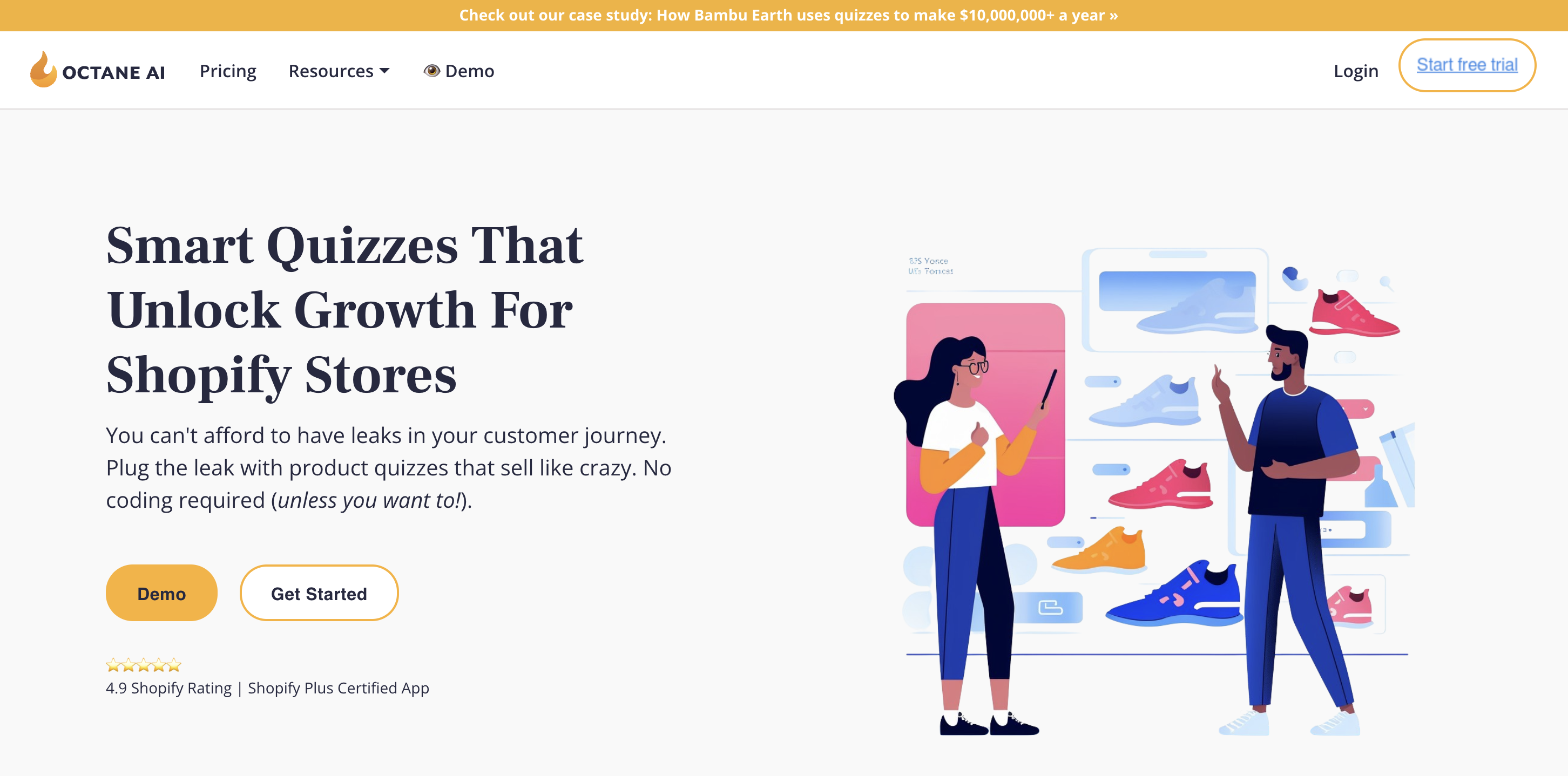 The white Octane AI homepage reads 'Smart quizzes that unlock growth for Shopify stores.'