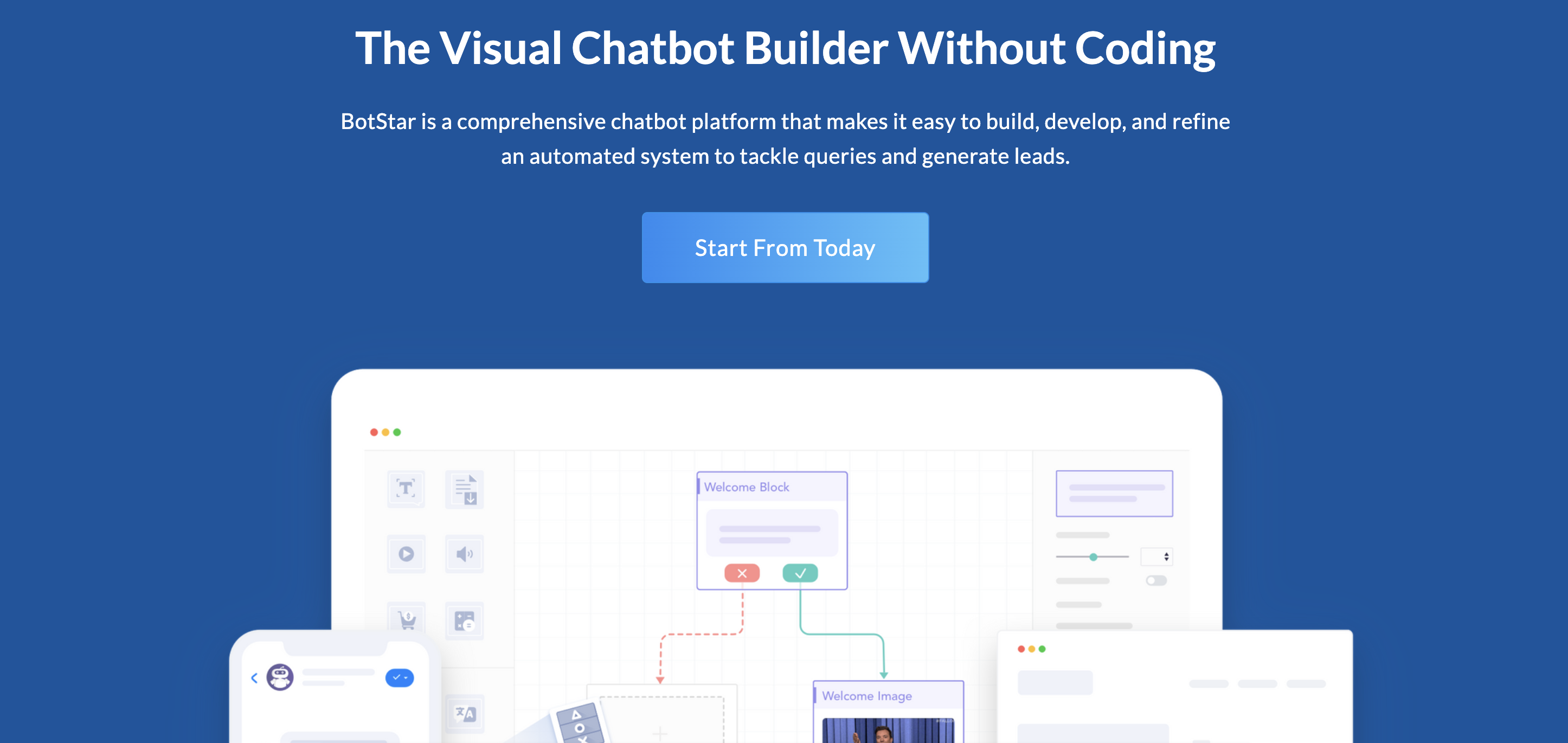The blue BotStar homepage reads 'the visual chatbot builder without coding'.u