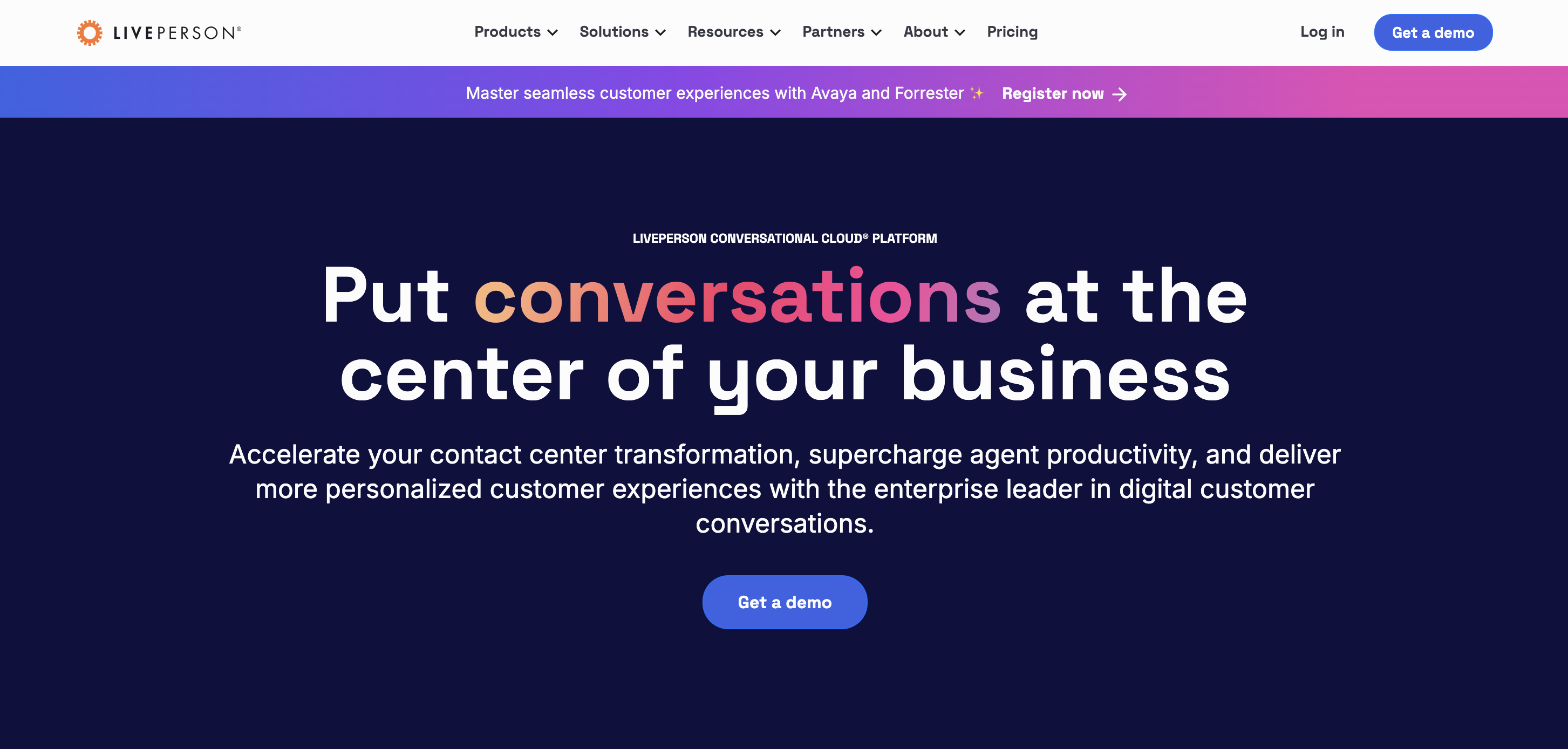 The purple Liveperson homepage reads 'put conversations at the center of your business'.