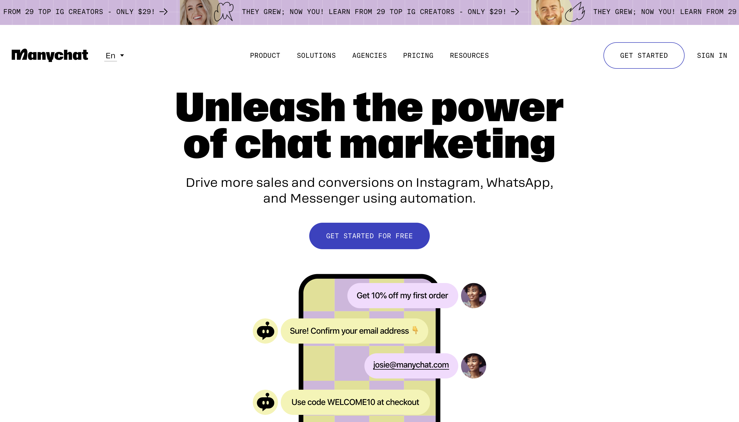 The white ManyChat homepage reads 'unleash the power of chat marketing'.