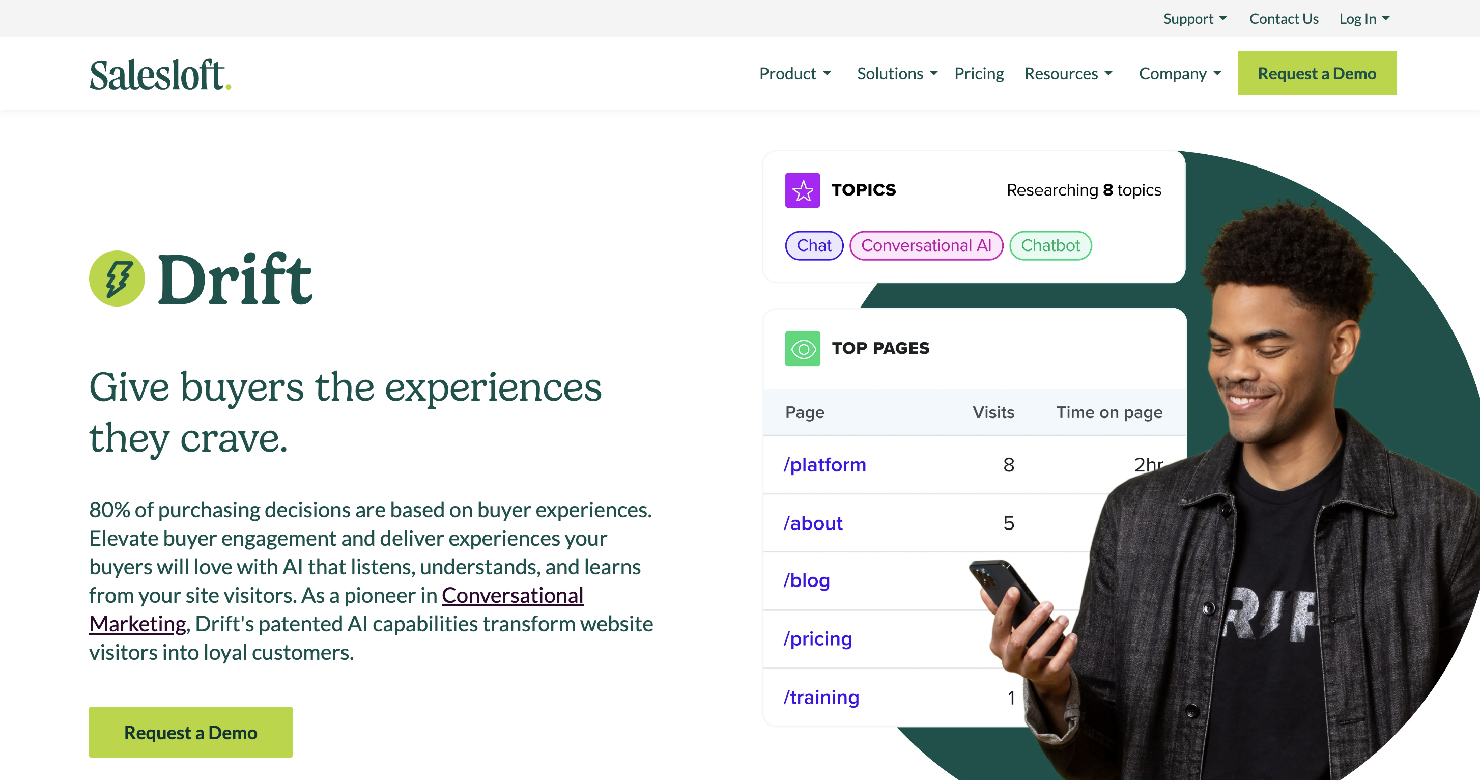 The white Salesloft homepage reads 'give buyers the experiences they crave'.