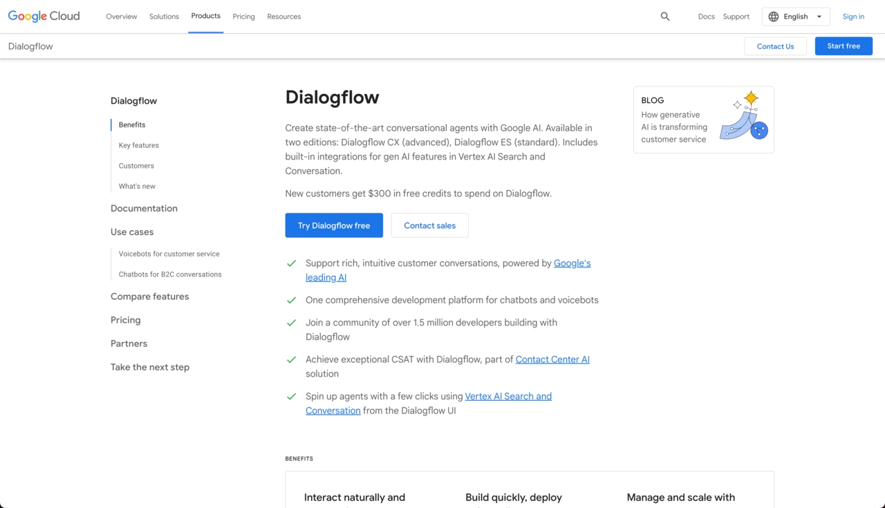 Screenshot of Dialogflow homepage