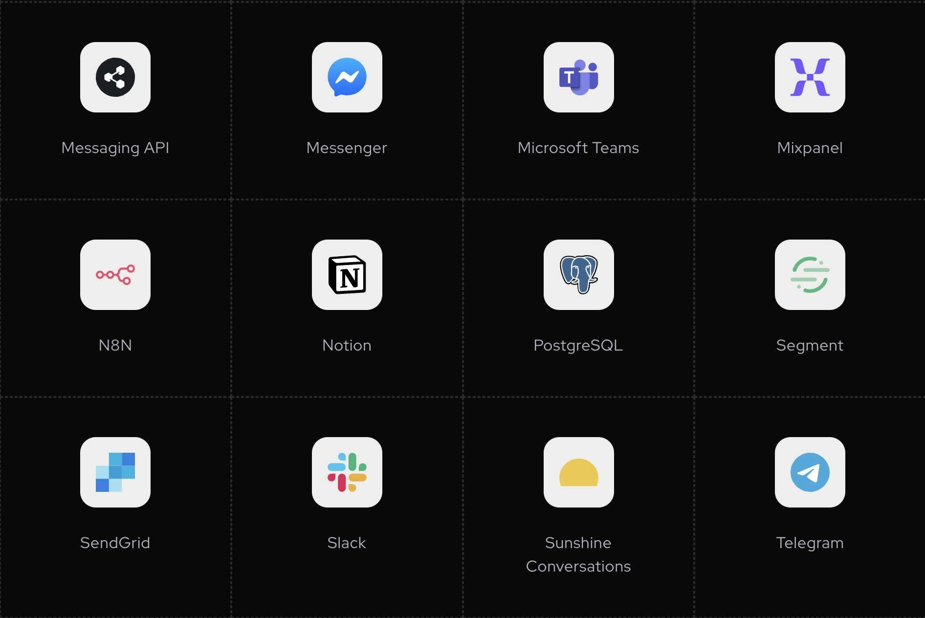 Screenshot of integration logos for platforms like Notion, Mixpanel, and Microsoft Teams.