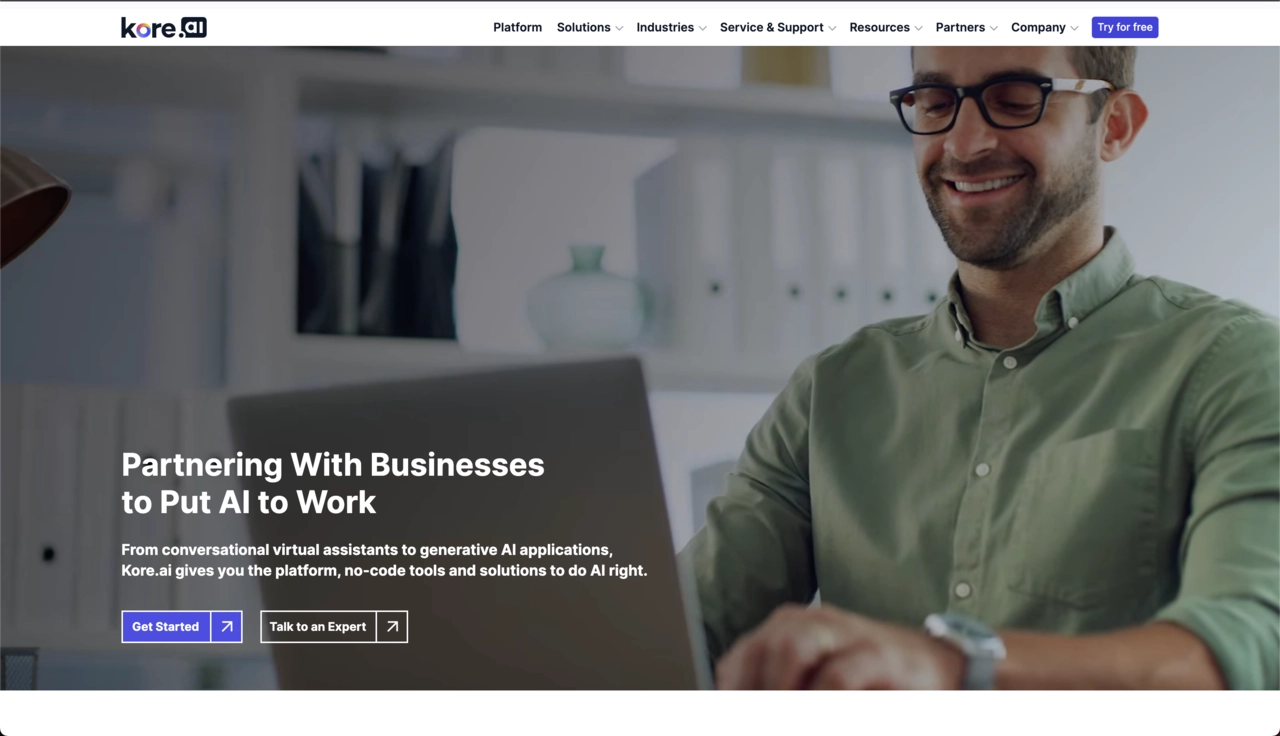 Screenshot of kore.ai homepage.